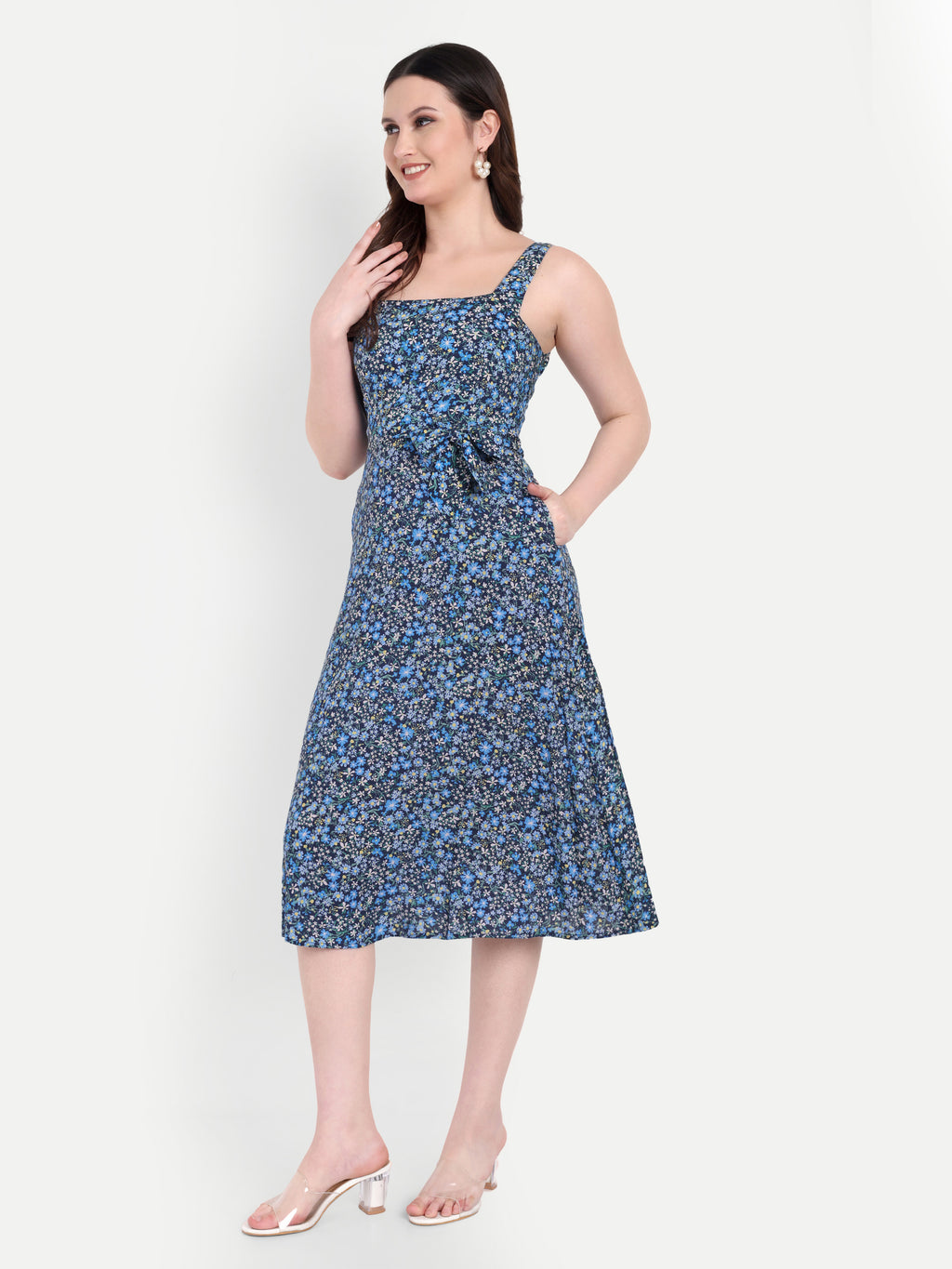 Women's Blue Floral Midi Dress with Square Neck & Side Pockets | Summer Casual Wear