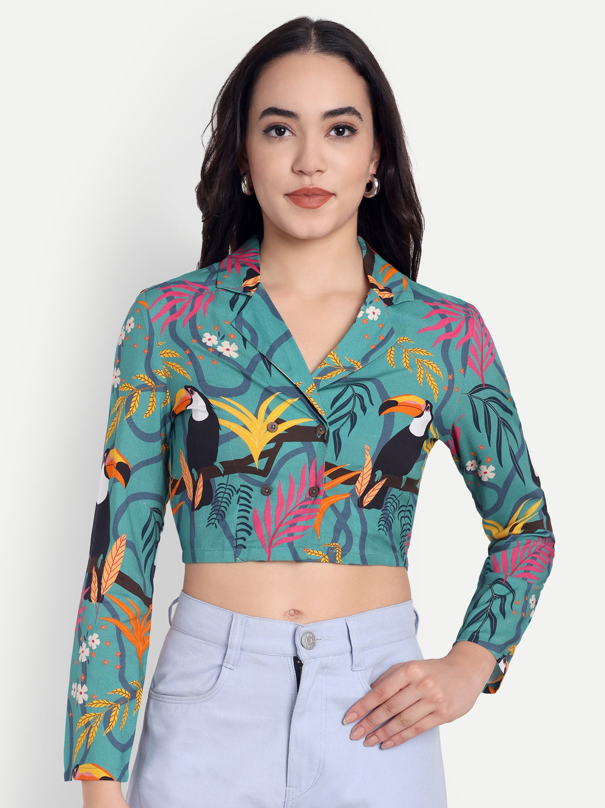 Tropical Print Collar Crop Top & Lavender Wide-Leg Trousers Set