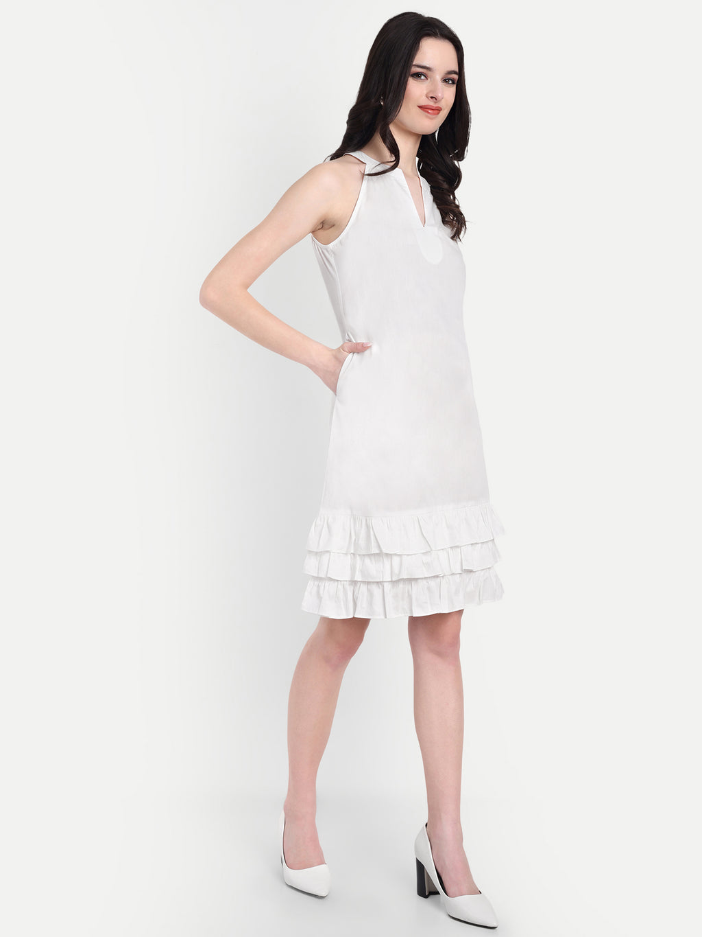 Women's White Sleeveless Halter Neck Dress | Tiered Hem | Summer Casual & Party Wear