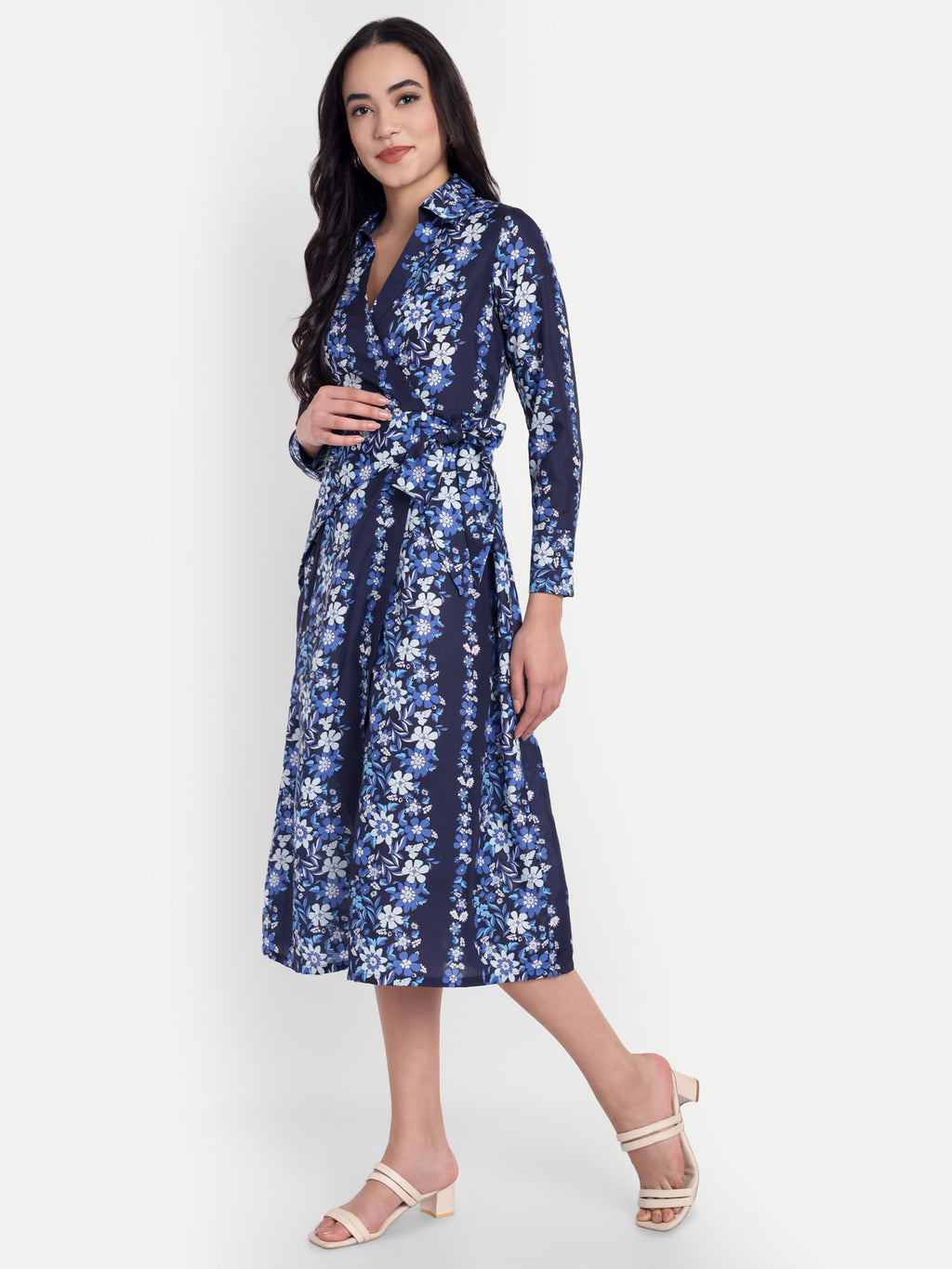 Women's  Blue Floral Dress | Long Sleeve | Belt Tie Waist