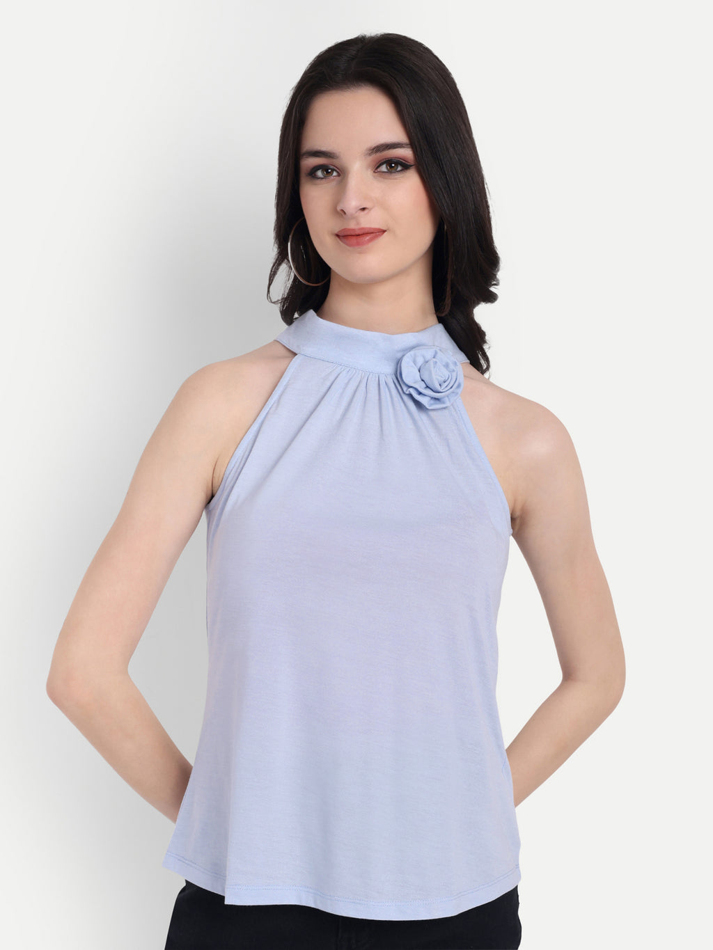 Women's Light Blue Halter Floral Note Neck Sleeveless Top | Casual & Party Wear (Copy)