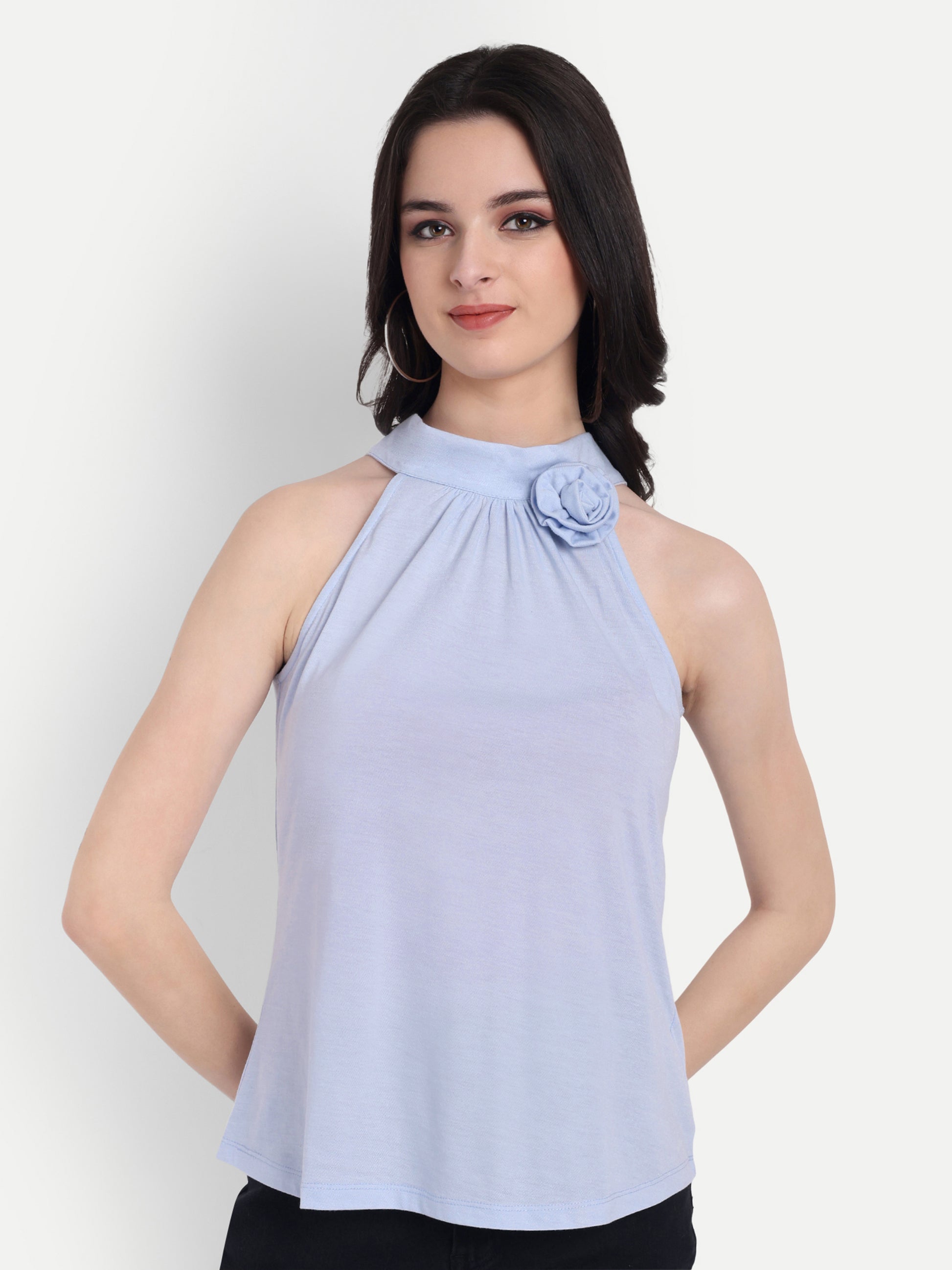 Women's Light Blue Halter Floral Note Neck Sleeveless Top | Casual & Party Wear (Copy)