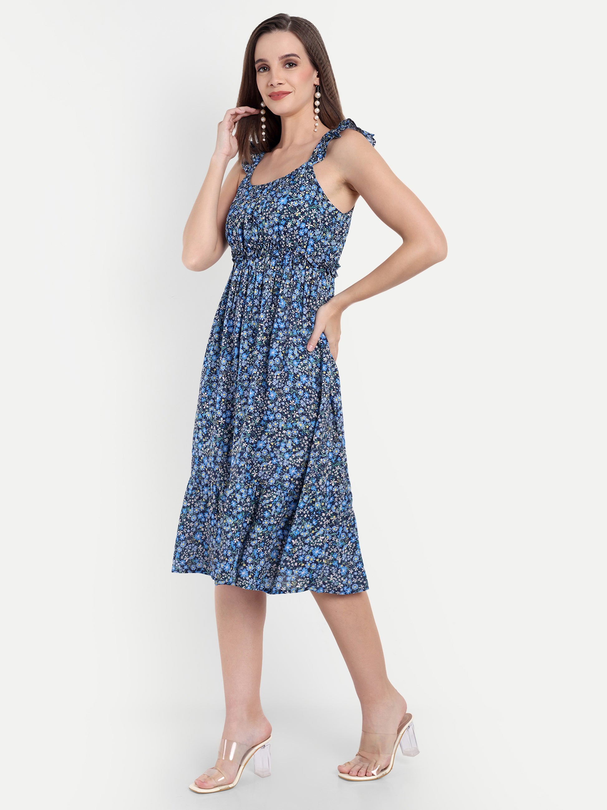 Women's Black Blue Floral Midi Dress | Sleeveless Ruffle Straps | Elegant Casual & Summer Wear