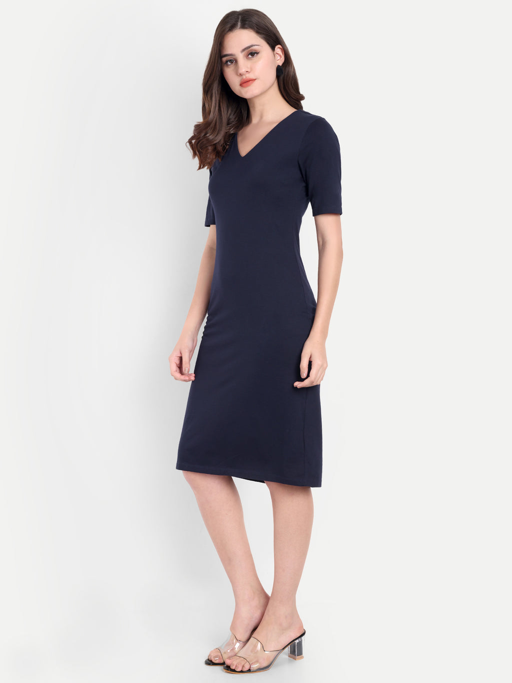 Women's Dark Blue Bodycon Midi Dress | V-Neck | Half Sleeve | Casual & Office Wear