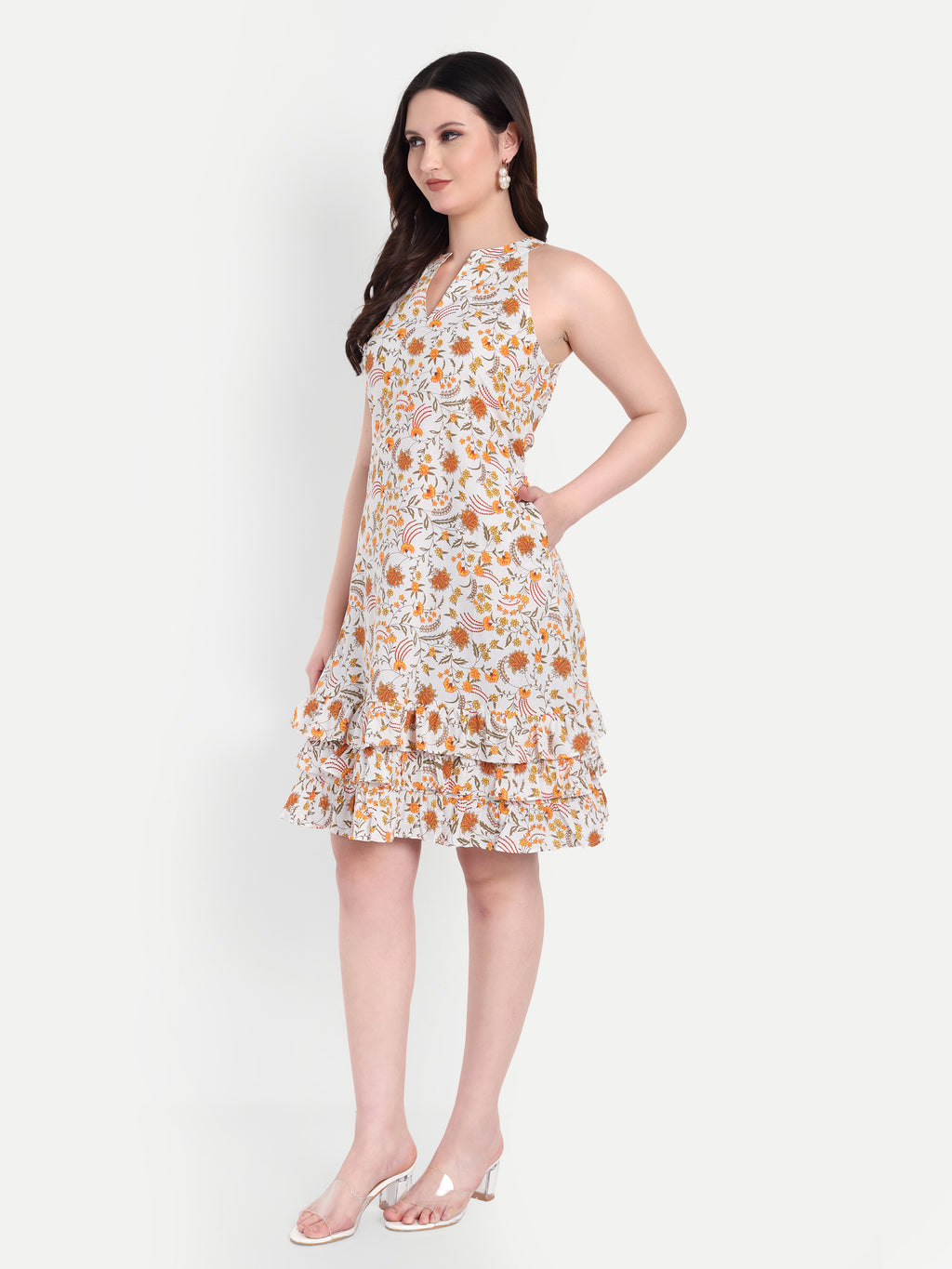 Women's orange Floral Sleeveless Halter Neck Dress | Tiered Hem | Summer Casual & Party Wear