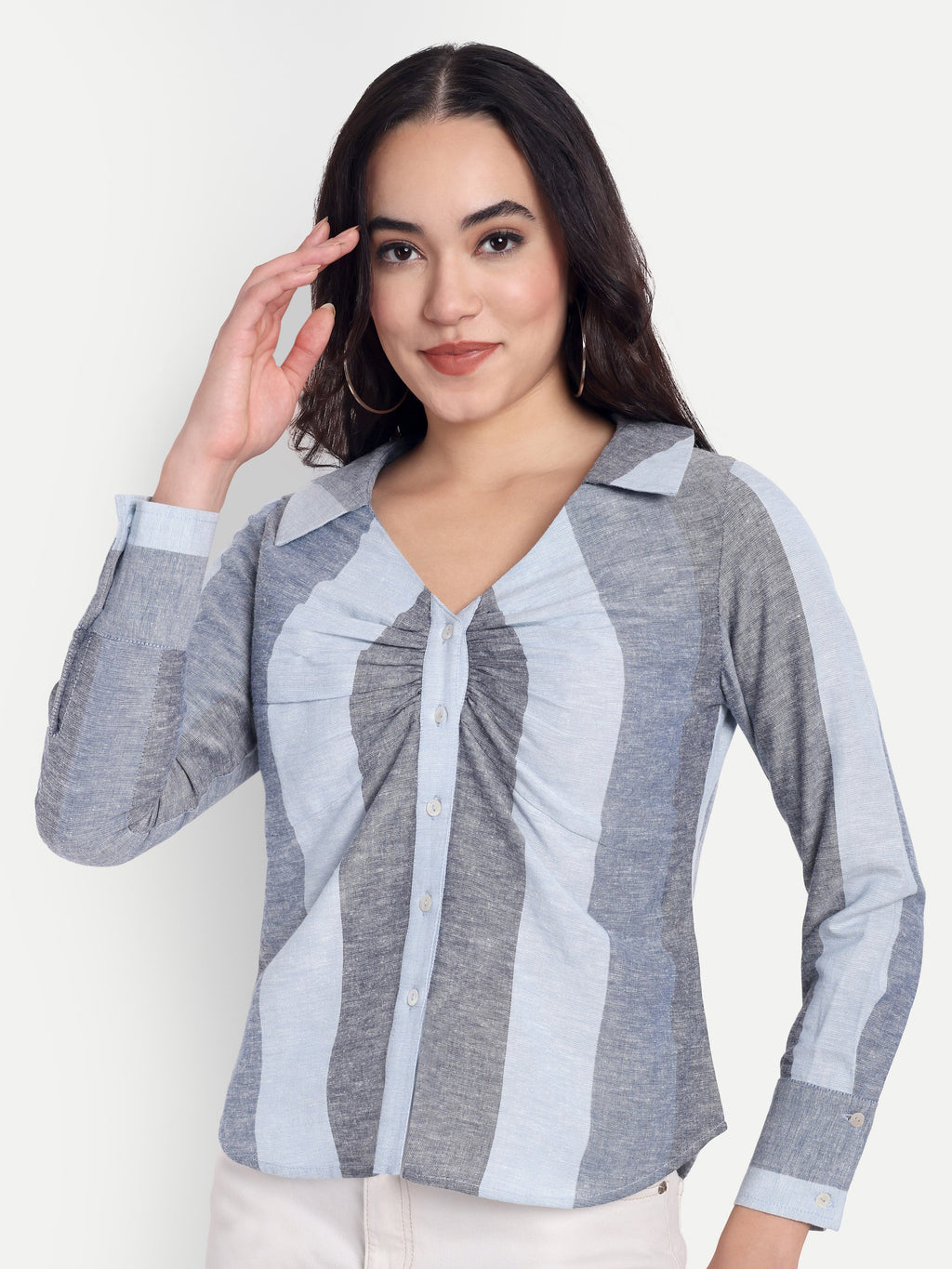 Women's Grey & Light Blue Striped Button-Down Shirt – Long Sleeve | Elegant Office & Casual Wear