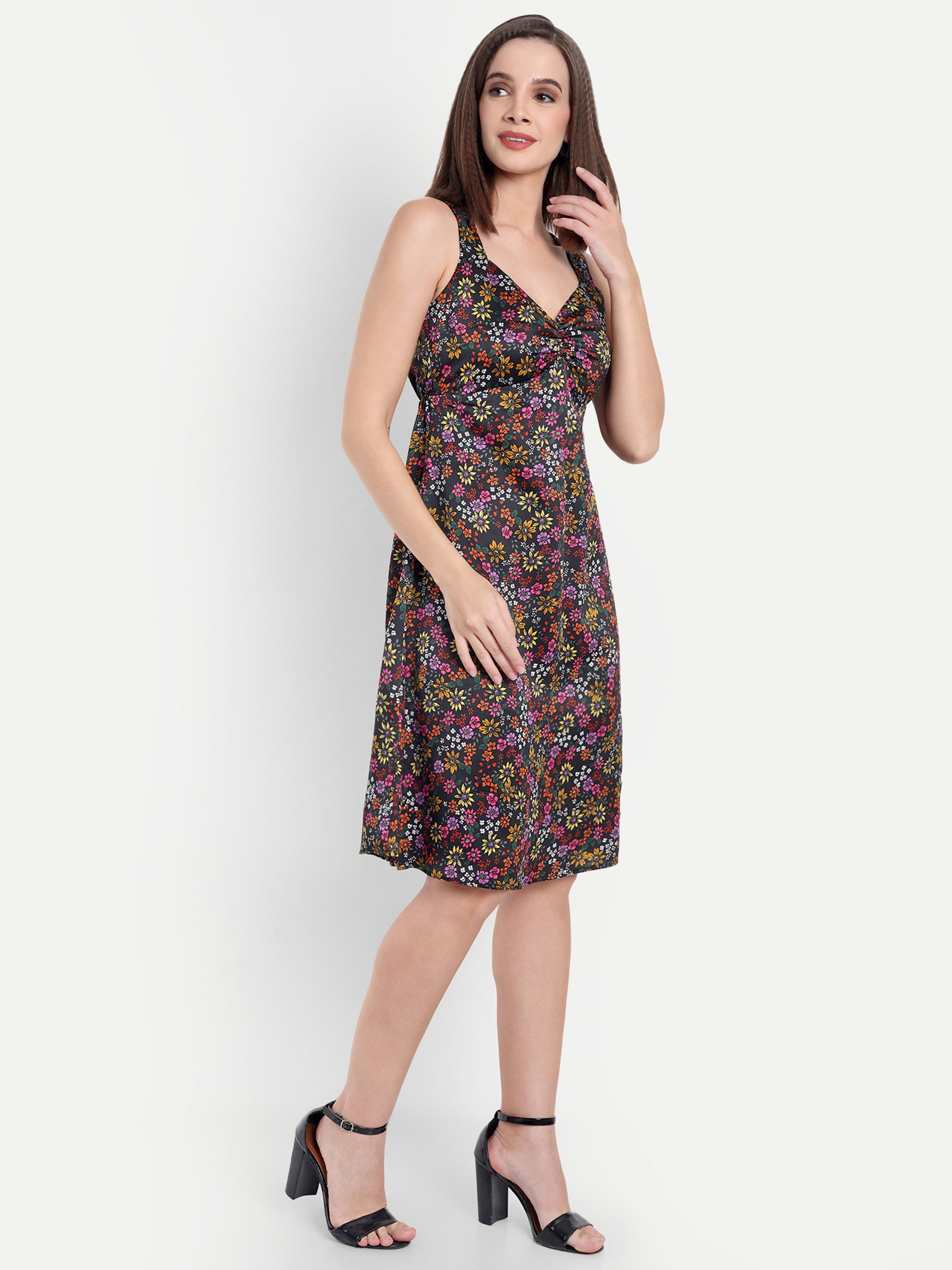 Women's Multicolor Floral Sleeveless A-Line Mini Dress | Elegant Textured Party Wear
