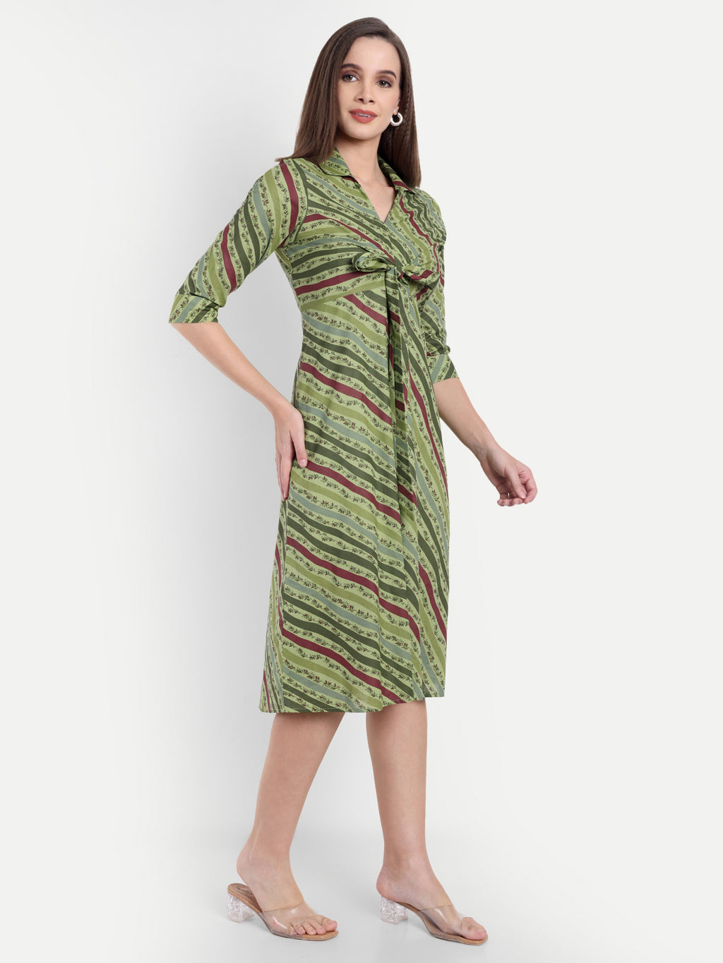 Women's Olive Striped Knee-Length Dress | Front Knot Detail | Casual & Party Wear