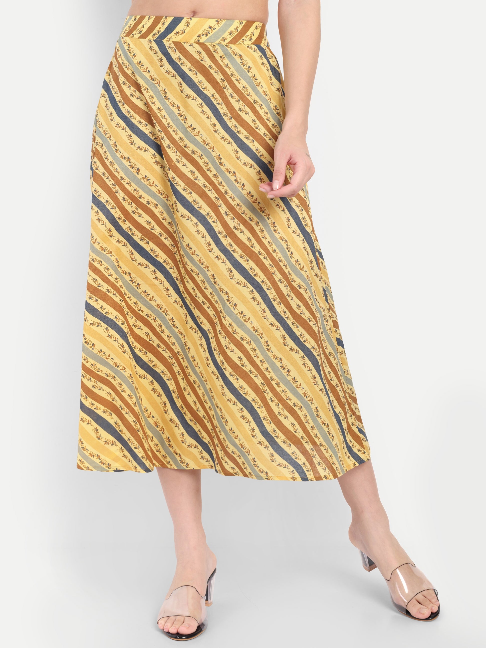 Women's Yellow Striped A-Line Midi Skirt | Casual & Party Wear