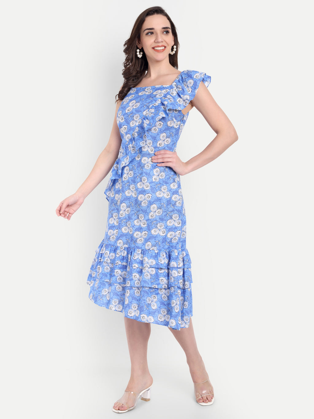 Women's Blue Printed One-Shoulder Ruffle Dress | Sleeveless | Stylish Summer & Party Wear