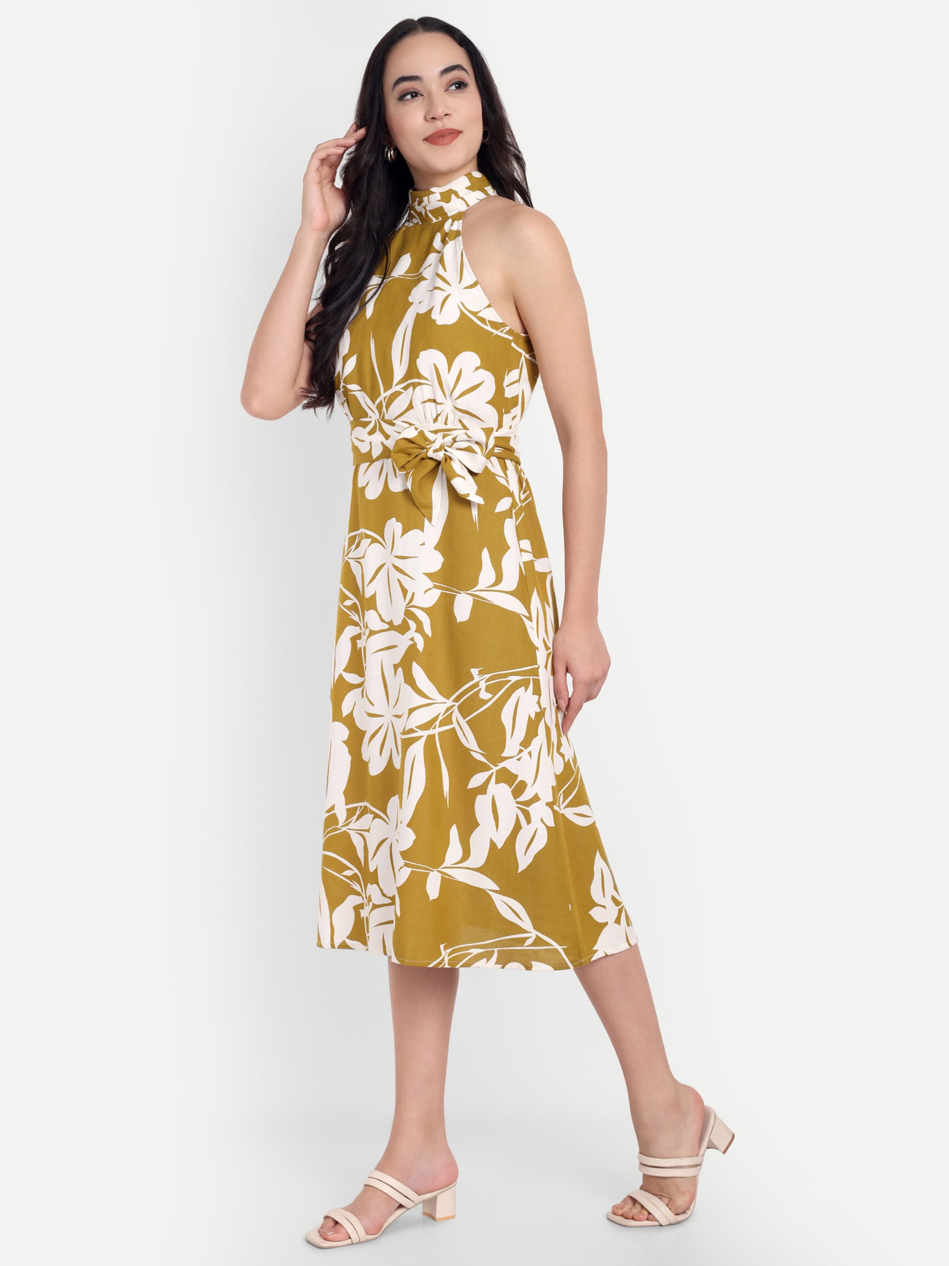 Women's Mustard Yellow & White Floral Halter Neck Midi Dress | Belted Waist | Resort & Summer Wear