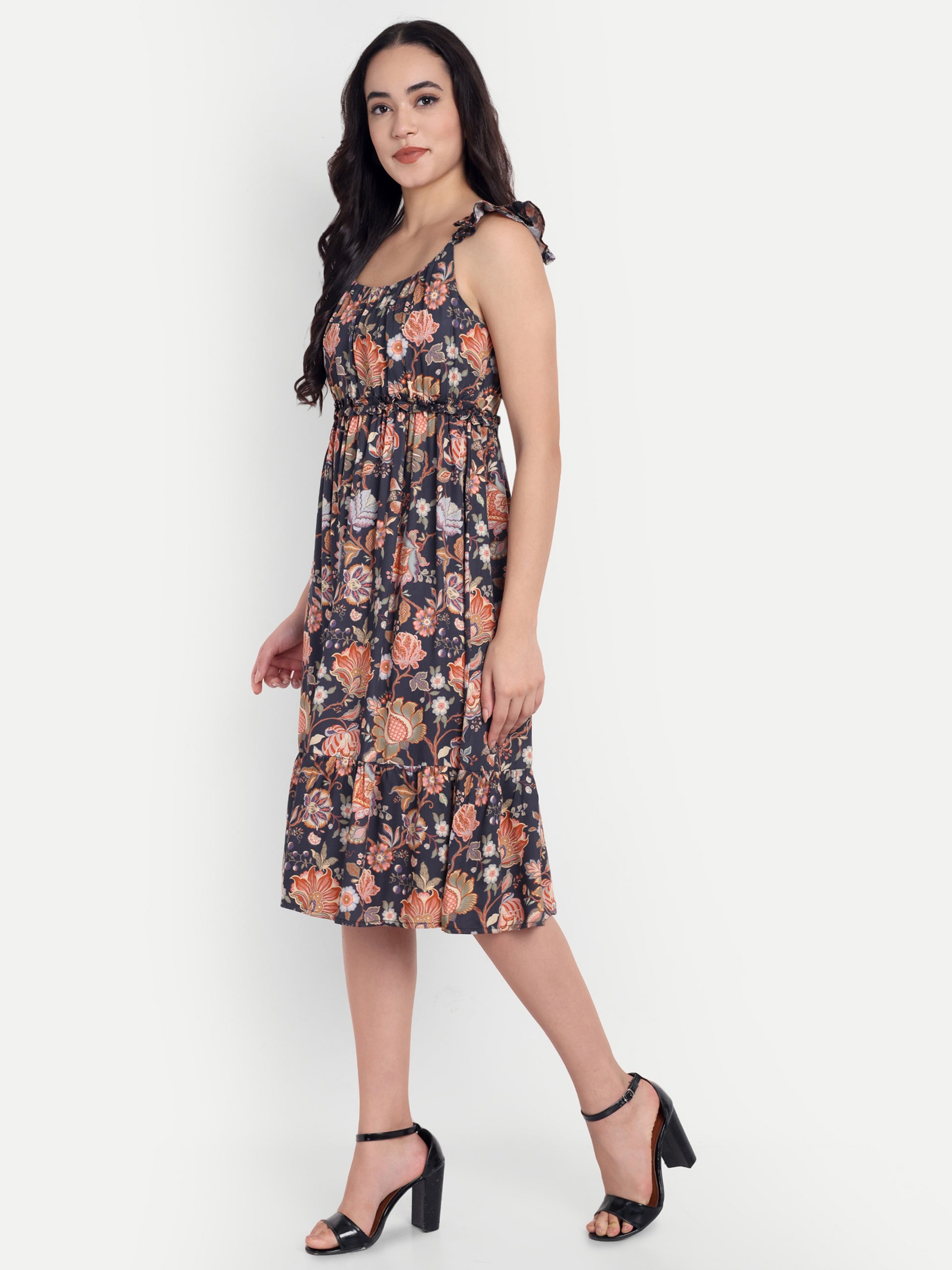Women's Black Floral Midi Dress | Sleeveless Ruffle Straps | Elegant Casual & Summer Wear