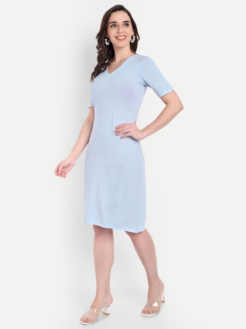 Women's Light Blue Bodycon Midi Dress | V-Neck | Half Sleeve | Casual & Office Wear