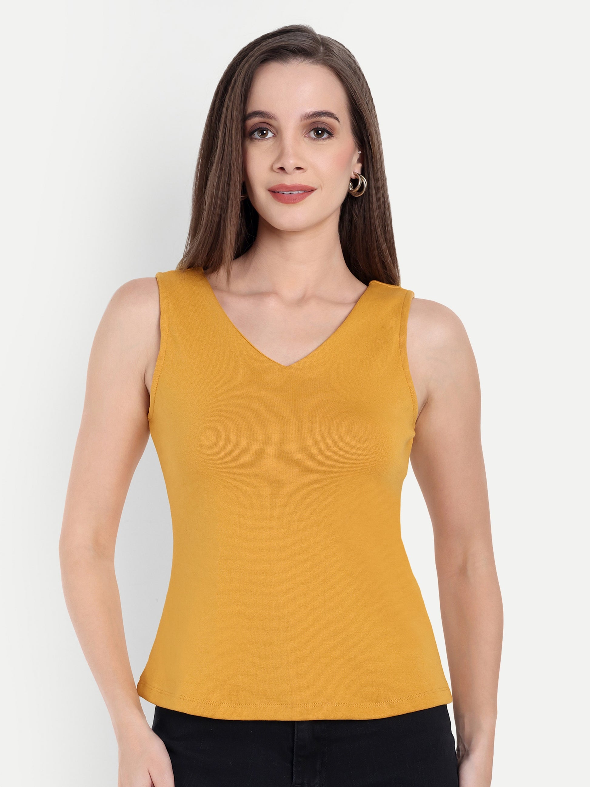 Women's Orange  V-Neck  Sleeveless Top | Casual & Party Wear