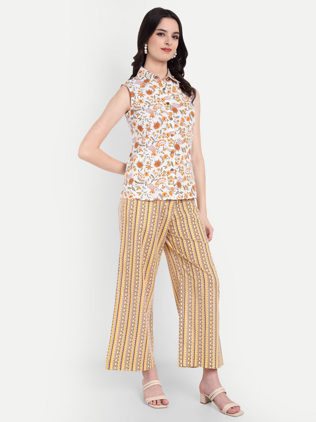 Women's Yellow Floral Sleeveless Shirt with Pink Printed Wide-Leg Pants | Comfortable Summer Co-ord Sets