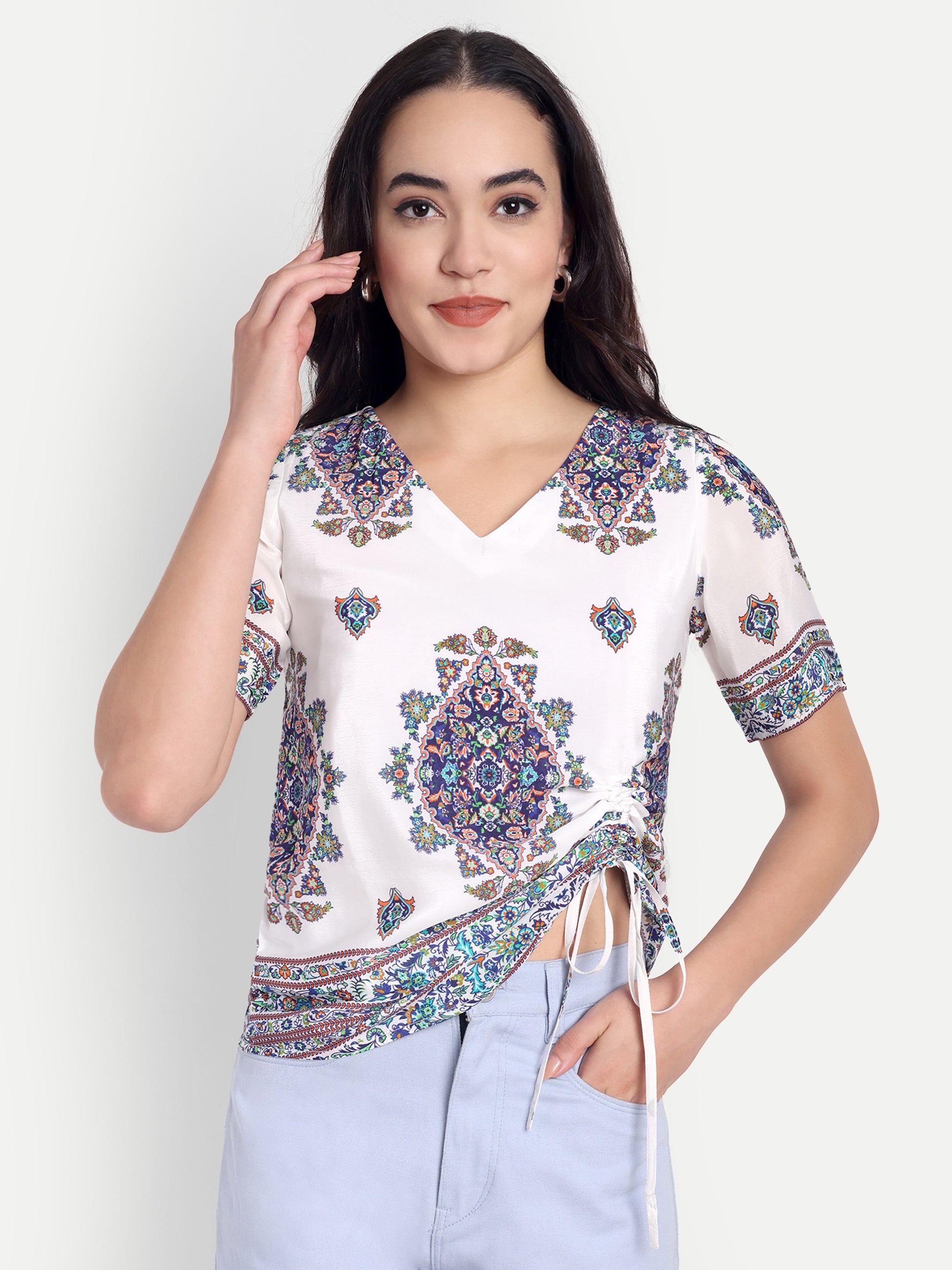 Boho Print White Ruched Top & Lavender Wide-Leg Pants Co-Ord Set