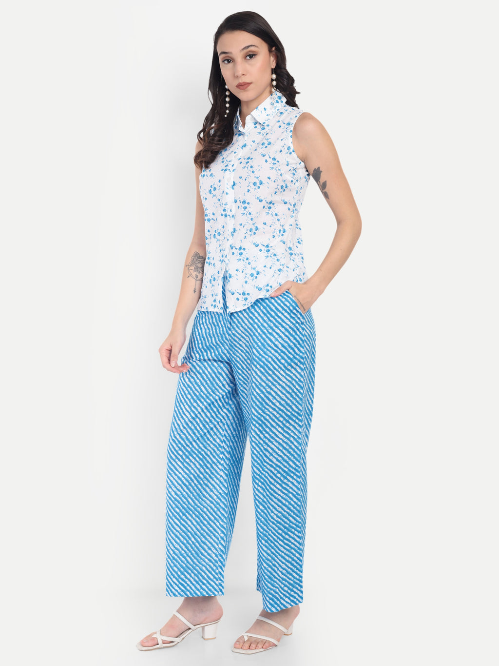 Women's Blue Floral Sleeveless Shirt with Pink Printed Wide-Leg Pants | Comfortable Summer Co-ord Sets