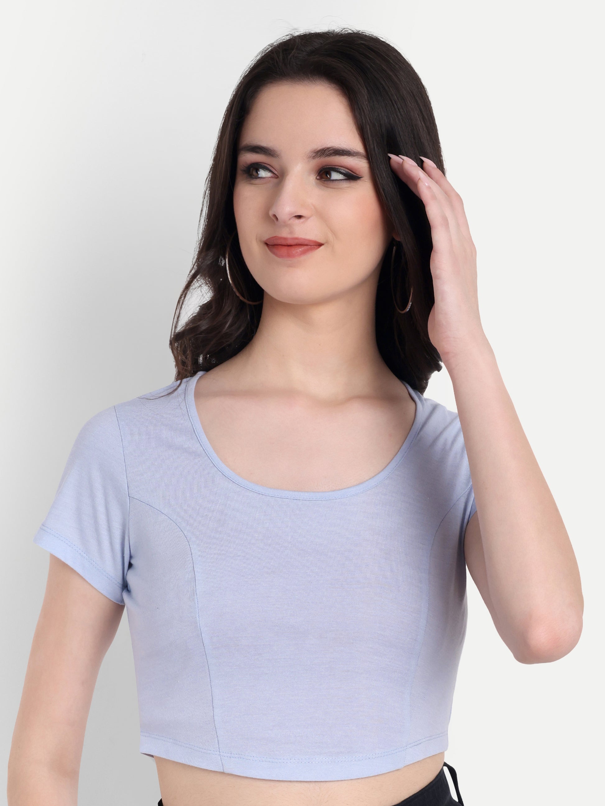omen's blue Crop Top with Scoop Neck & Short Sleeves