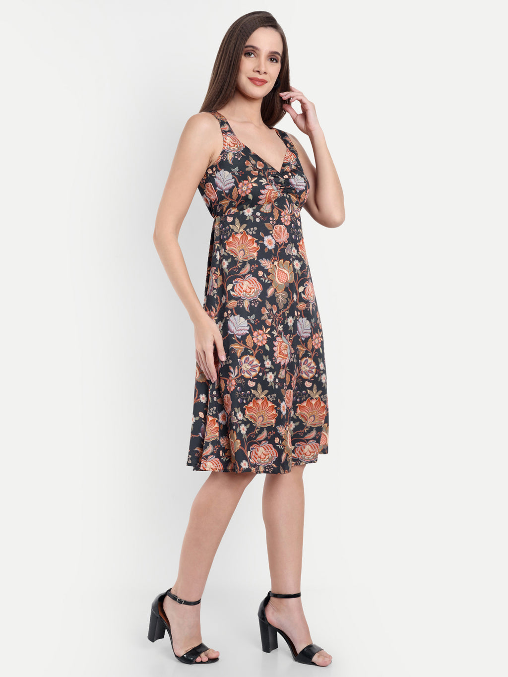 Women's Black multicolor  Floral Sleeveless A-Line Mini Dress | Elegant Textured Party Wear