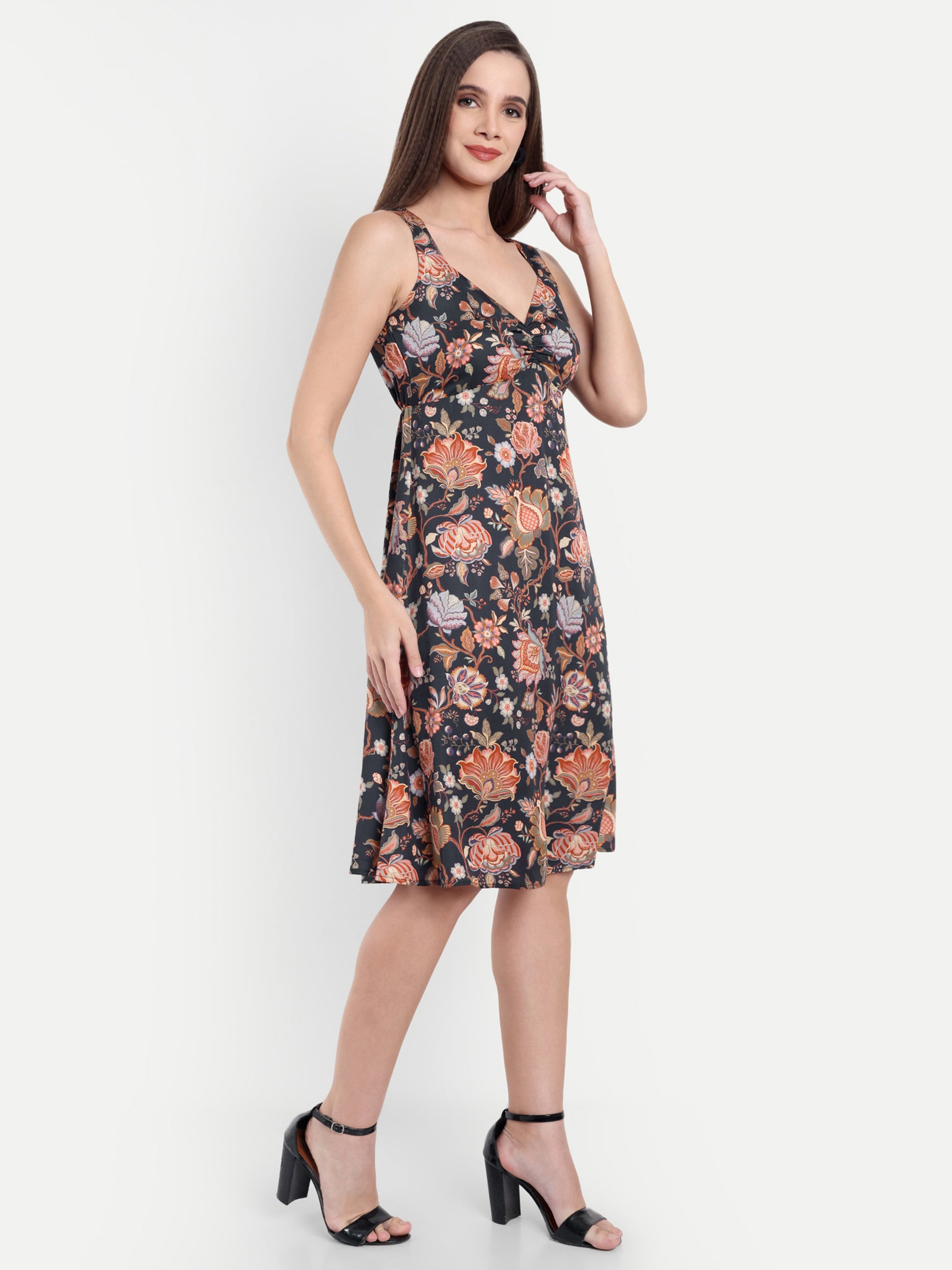 Women's Black multicolor  Floral Sleeveless A-Line Mini Dress | Elegant Textured Party Wear