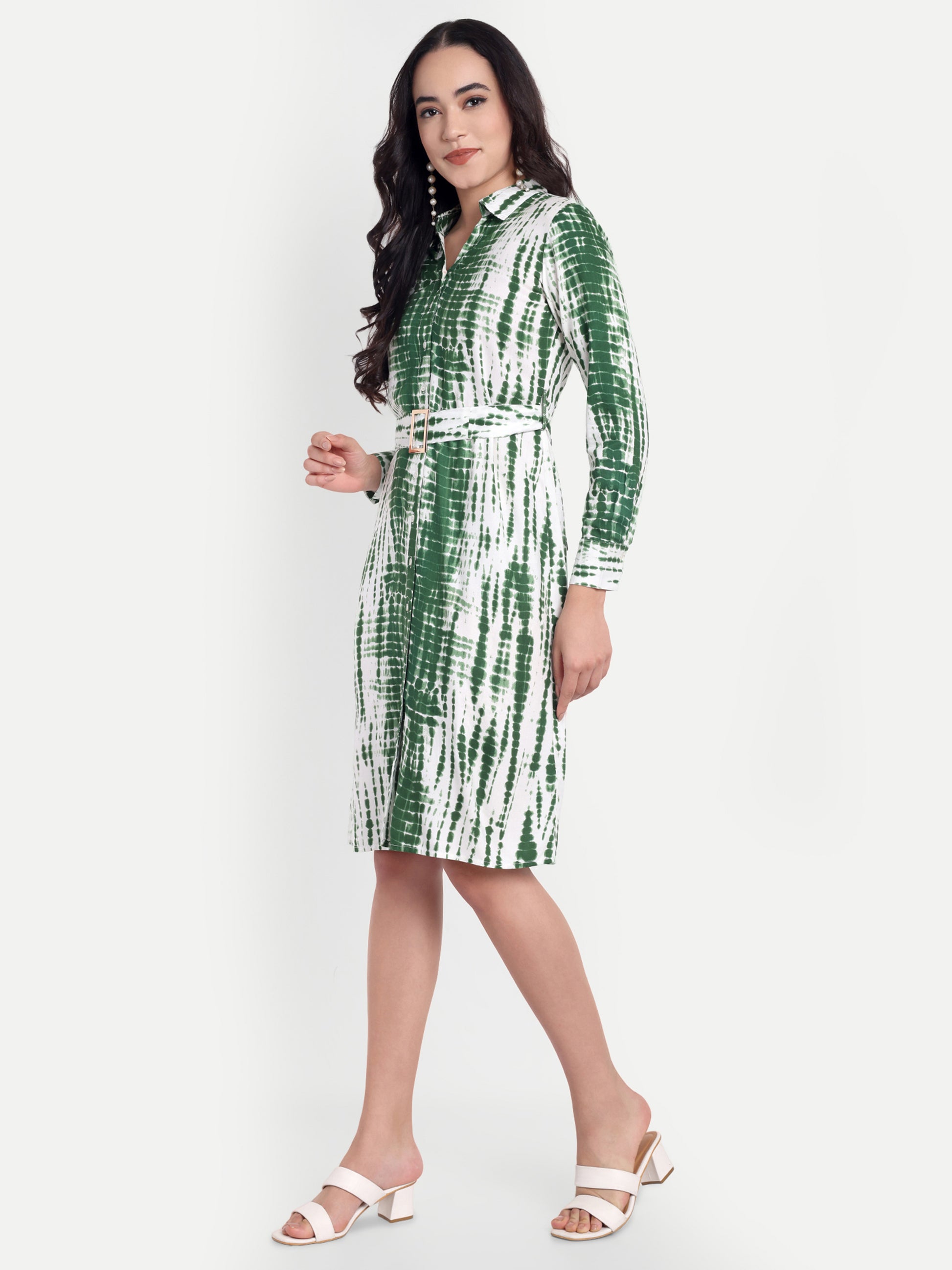 Green & White Tie-Dye Shirt Dress with Belt
