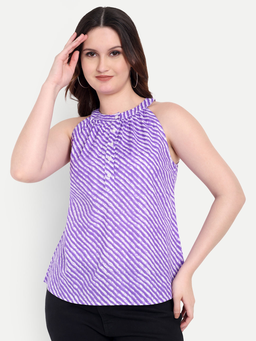 FairLeaf Women's Halter Neck Floral Print Top with Button-Down High Neckline| Sleeveless Elegant Summer Tunic for Casual, & Office Wear| Stylish Dress for Women