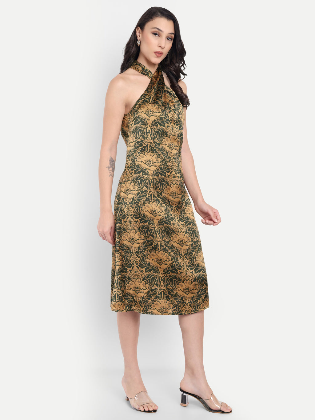 Women's Green & Gold Floral Halter Neck Midi Dress | Elegant Sleeveless Party Wear