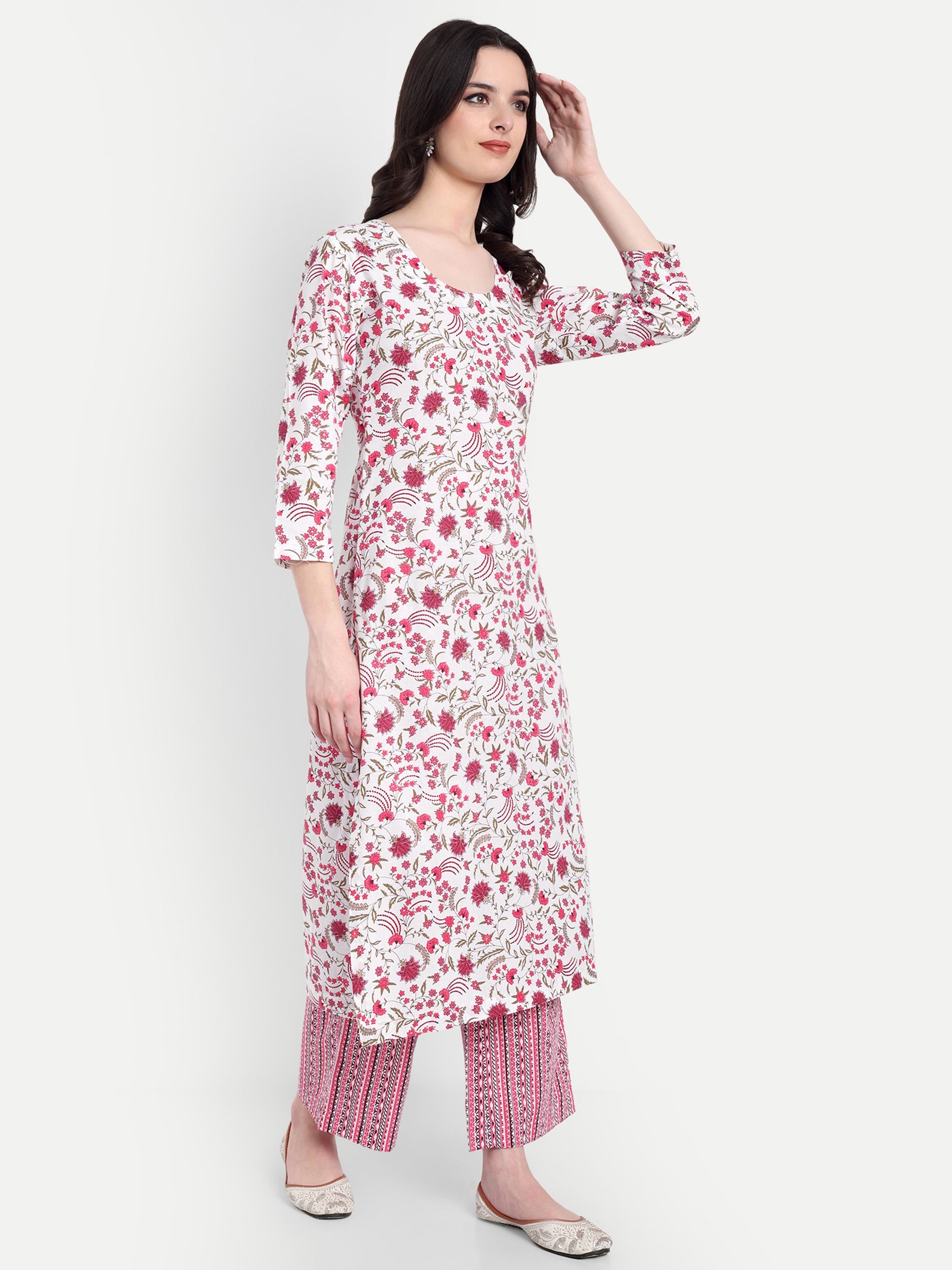 Women's Pink And White Floral Printed Kurta with Straight Pants | Cotton Blend | Ethnic Wear