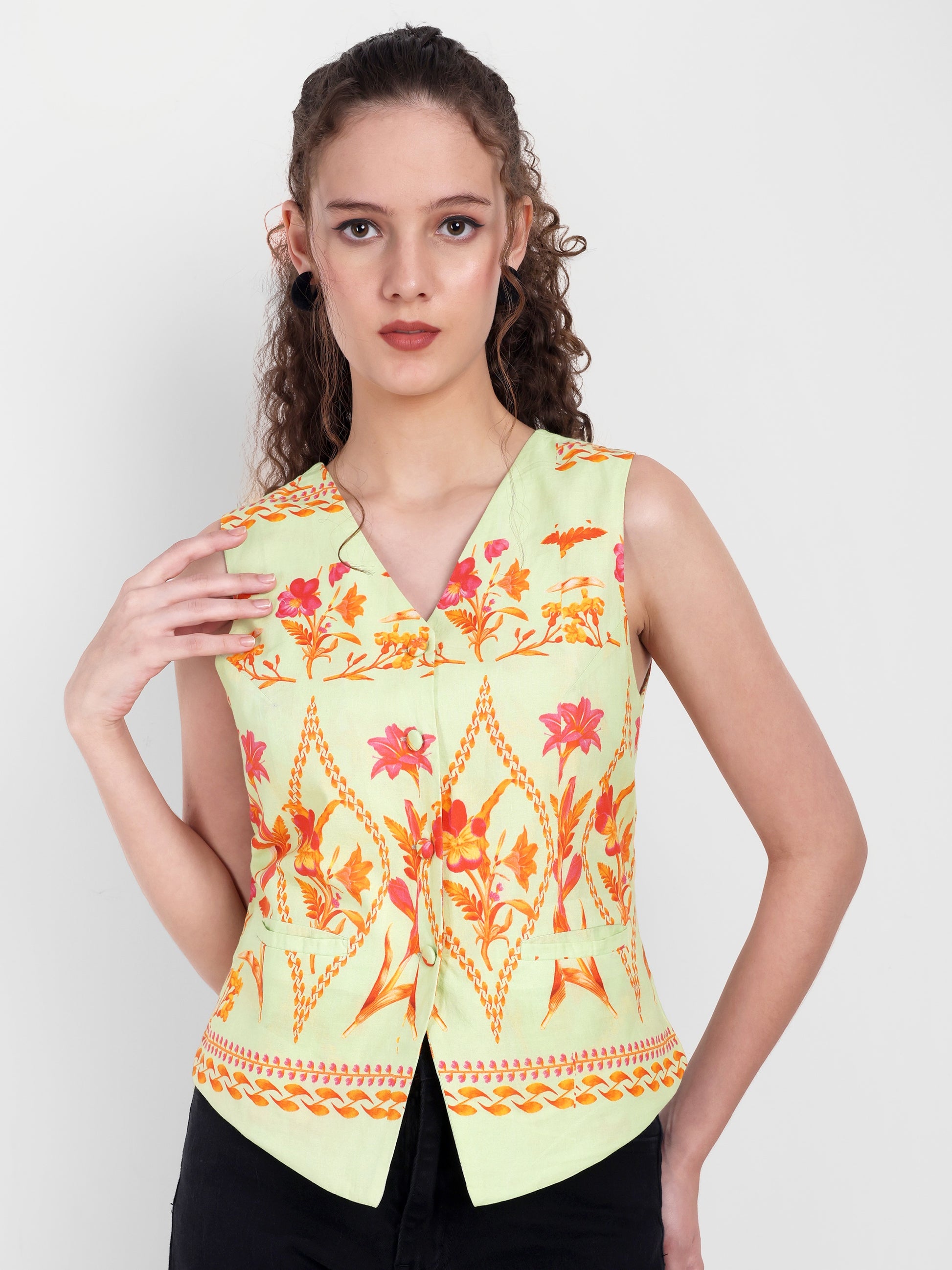 FairLeaf Women's V-Neck Sleeveless Waist Top – |100% Pure Cotton|Lightweight Relaxed Fit with Abstract Paisley Print – Stylish Casual Summer Western Wear for Women