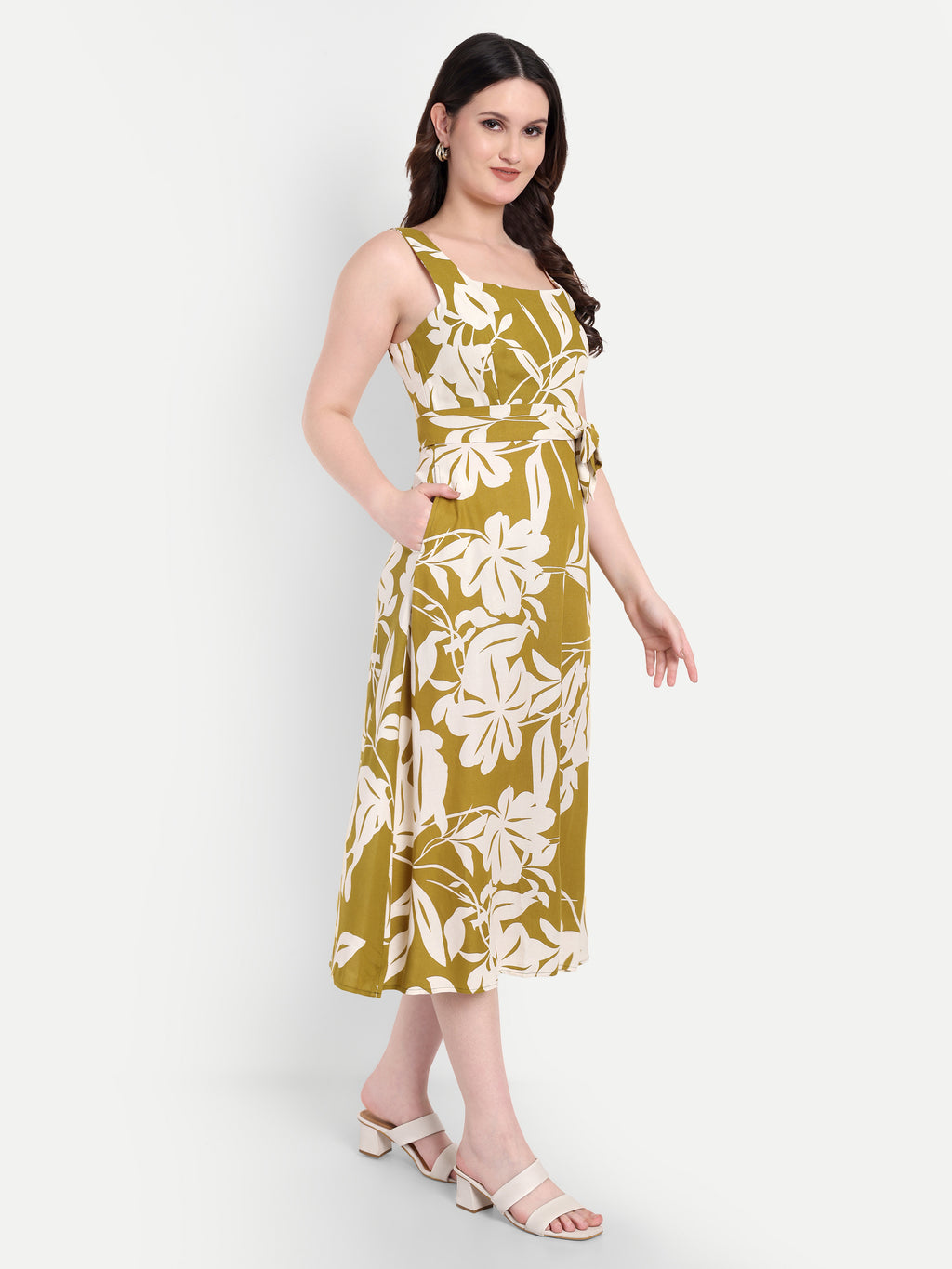 Women's Olive Floral Halter Neck Top with Waist Tie | Sleeveless Casual Wear