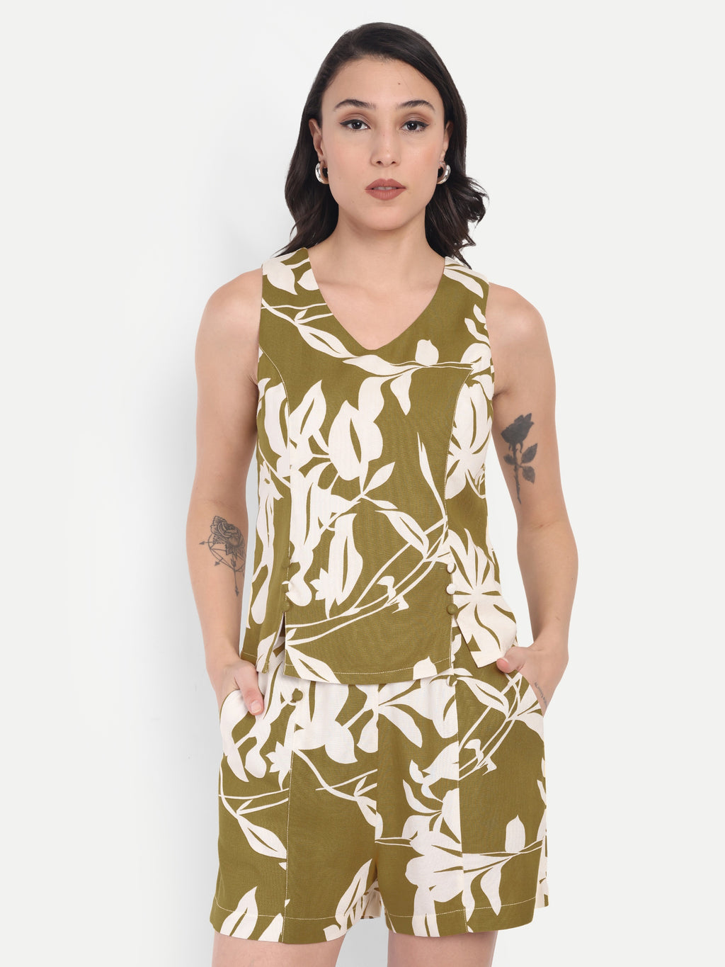 FairLeaf Women's Top and Short Set – |100% Pure Cotton | Lightweight Relaxed Fit Sleeveless Olive Top & Short– Stylish Casual Summer  for Women