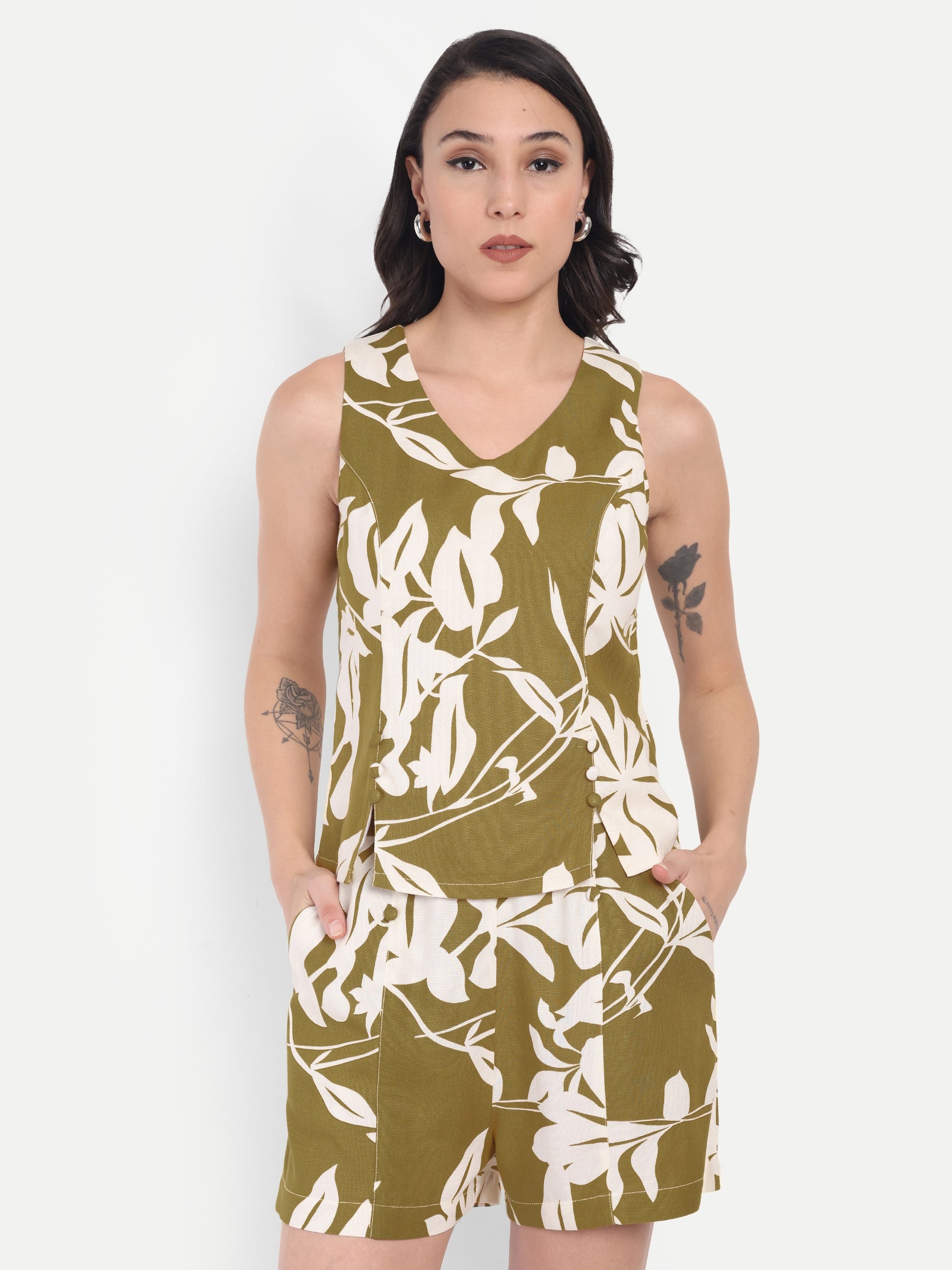 FairLeaf Women's Top and Short Set – |100% Pure Cotton | Lightweight Relaxed Fit Sleeveless Olive Top & Short– Stylish Casual Summer  for Women