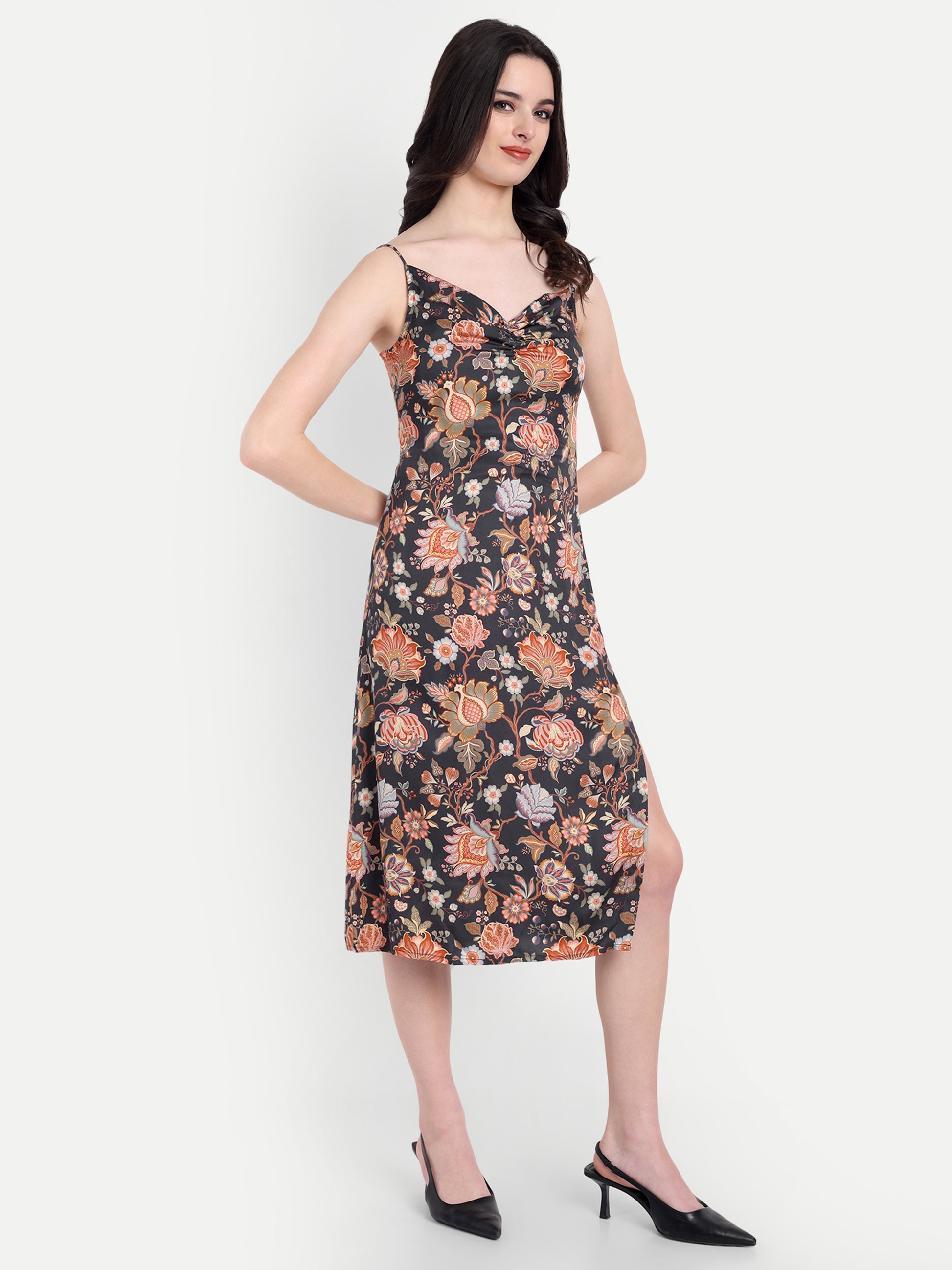 Women's Floral Print Slip Dress with Side Slit | Elegant Midi Dress for Party Wear & Casual Wear