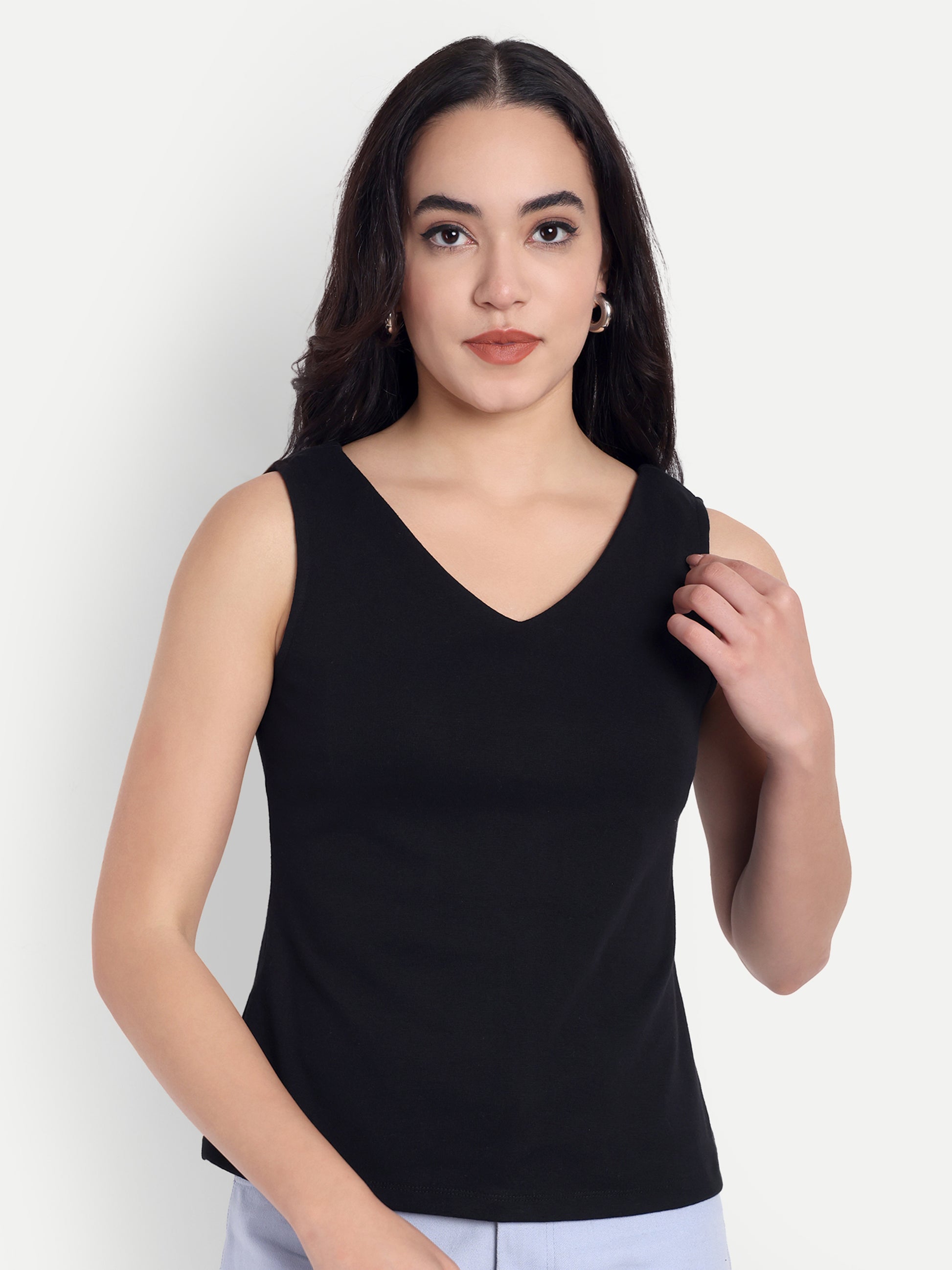 Women's Black V-Neck  Sleeveless Top | Casual & Party Wear