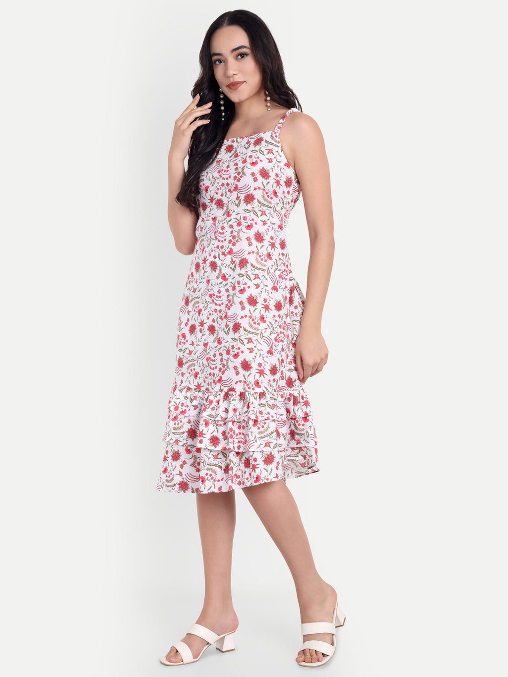 White & Pink Floral Ruffle Hem Midi Dress with One-Shoulder Bow Strap