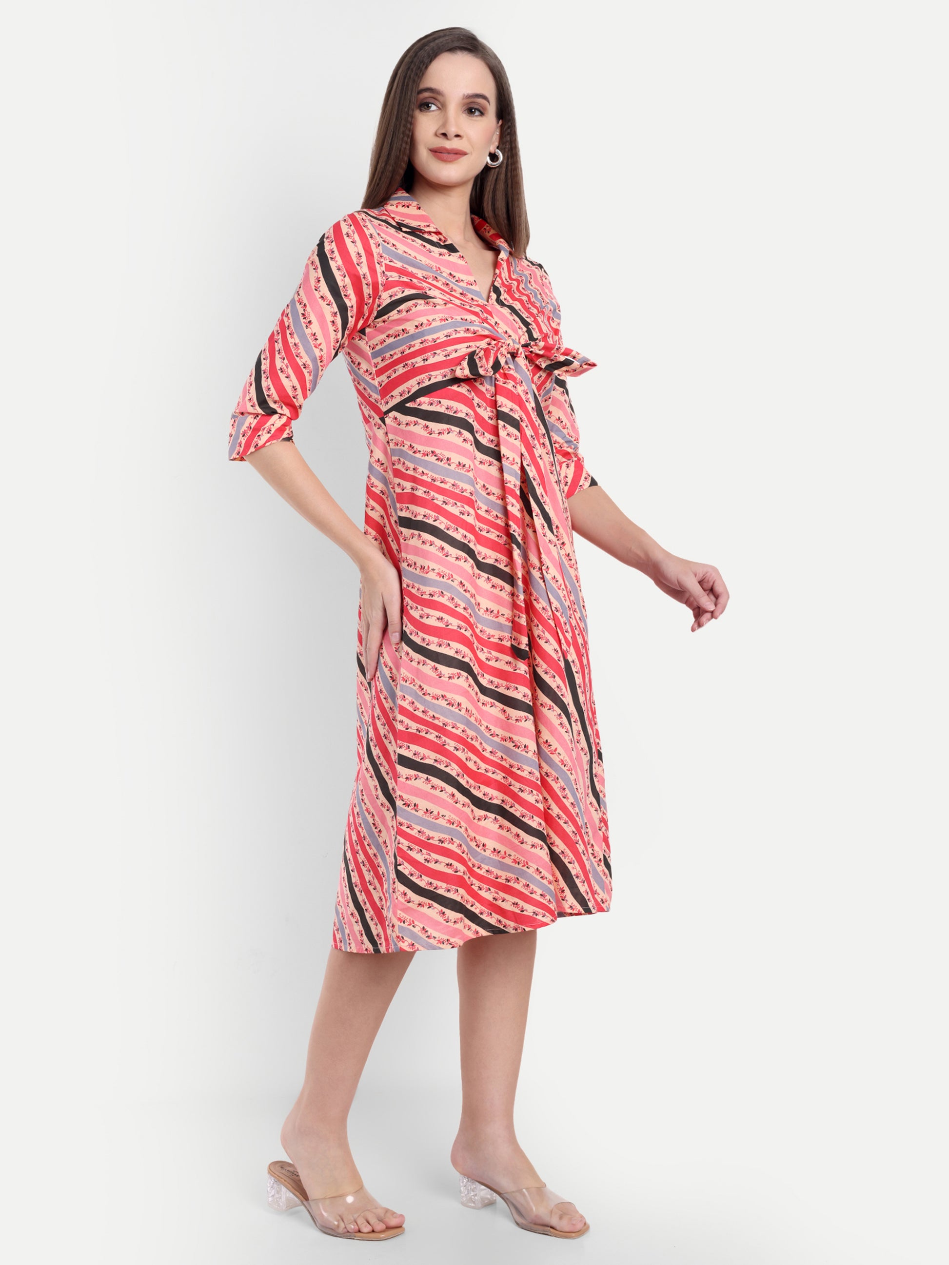 Women's Red & Pink Striped Knee-Length Dress | Front Knot Detail | Casual & Party Wear