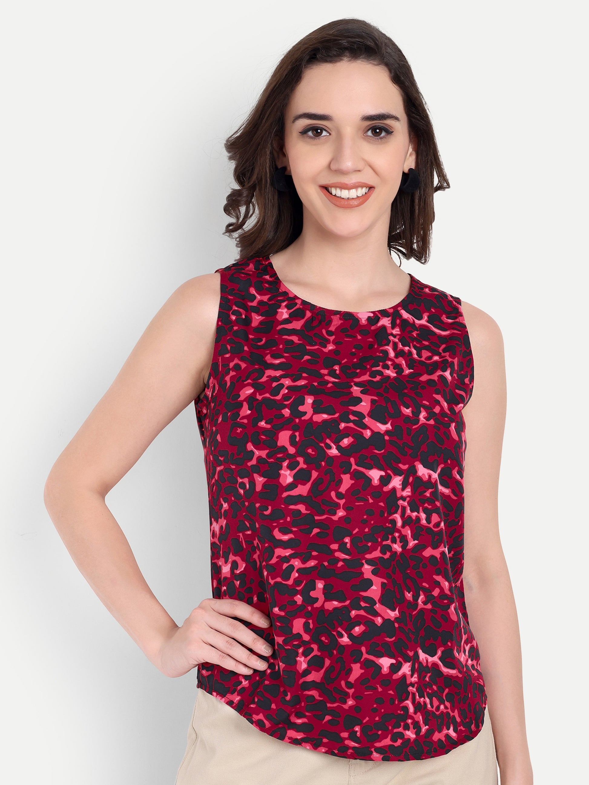 Women's Red Sleeveless Top | Subtle Pattern | Elegant Round Neck for Casual & Office Wear