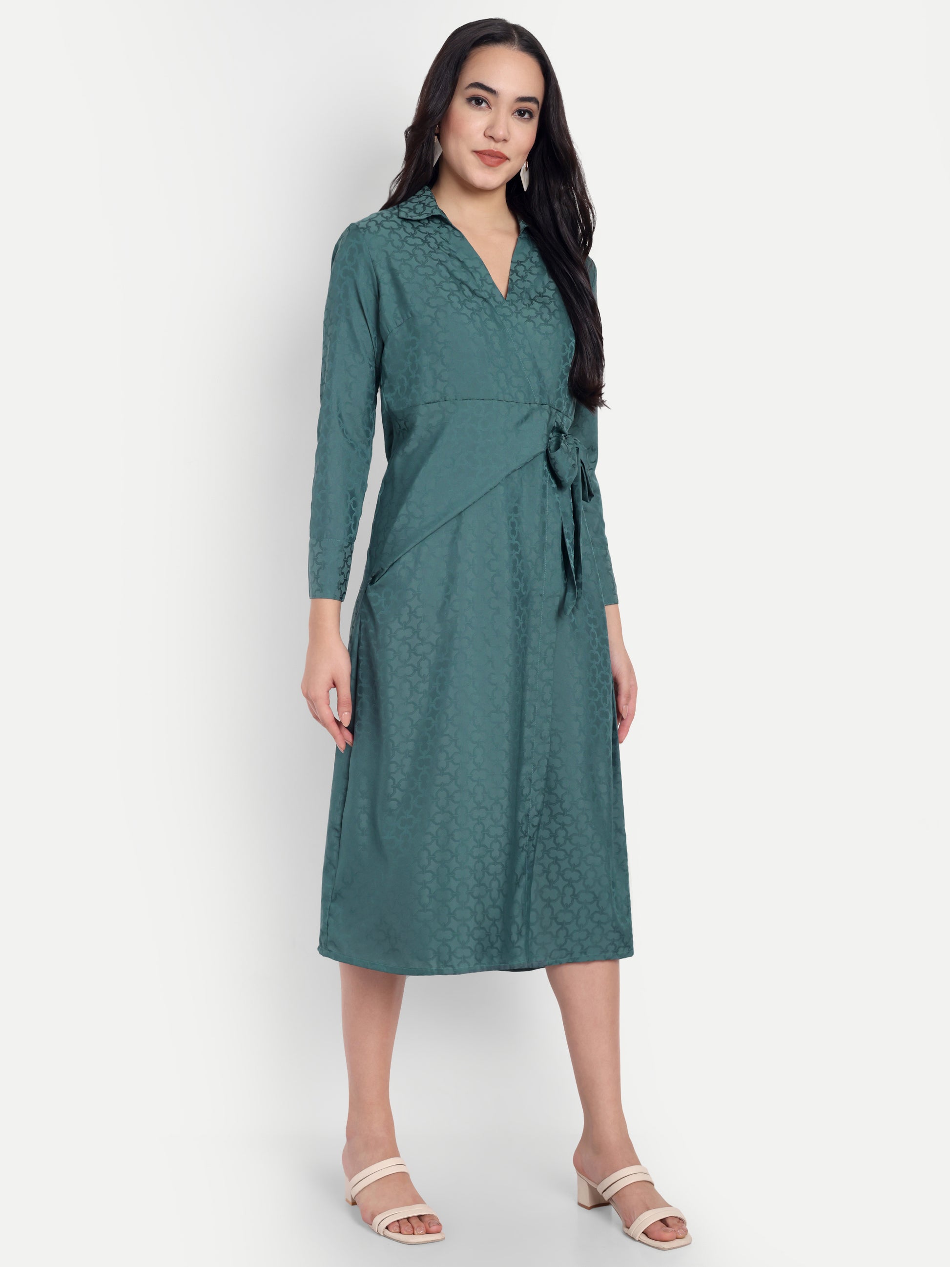 Women's Teal Jacquard Wrap Midi Dress | Long Sleeve | Belt Tie Waist