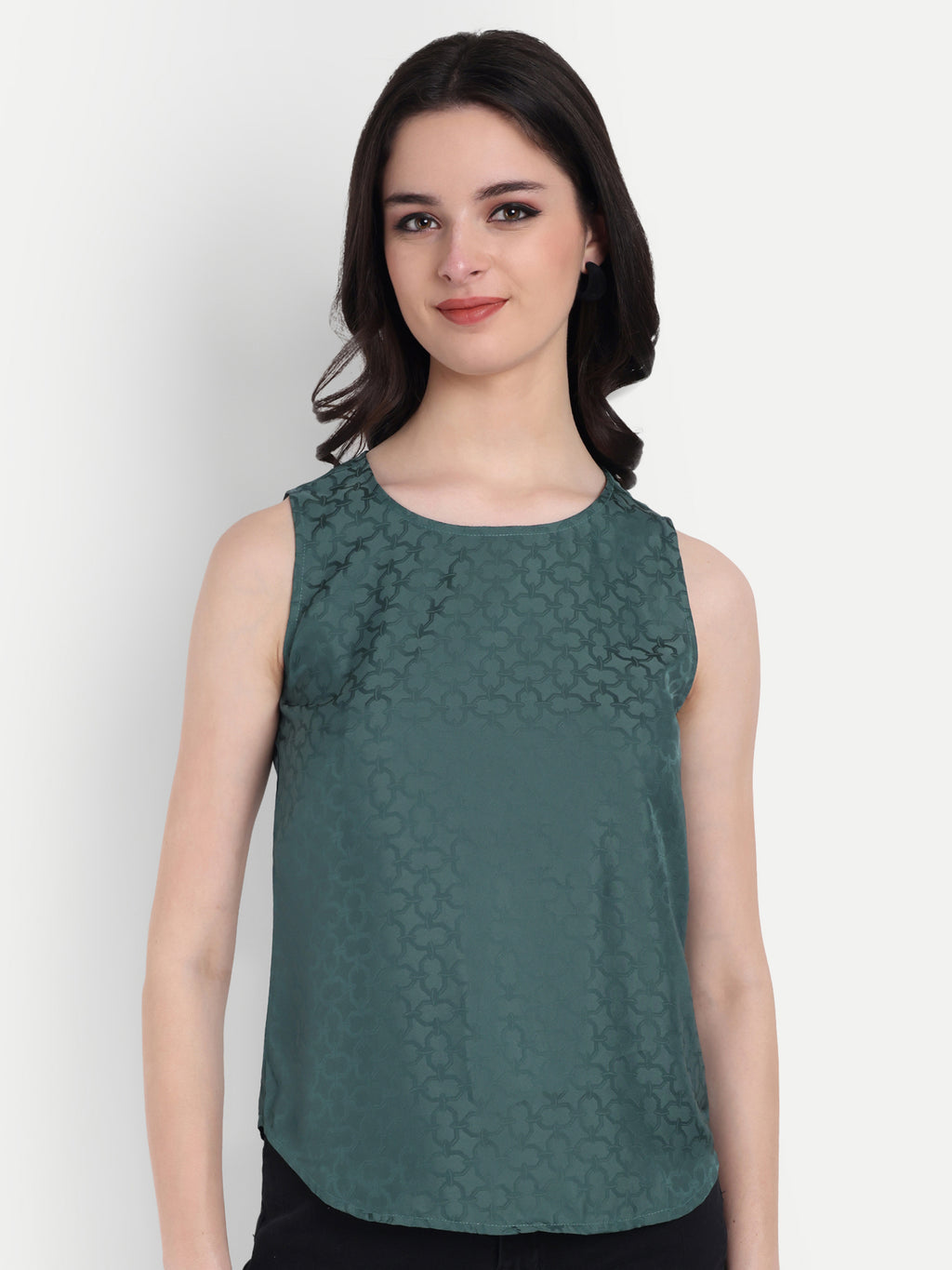 Women's Dark Green Sleeveless Top | Subtle Pattern | Elegant Round Neck for Casual & Office Wear