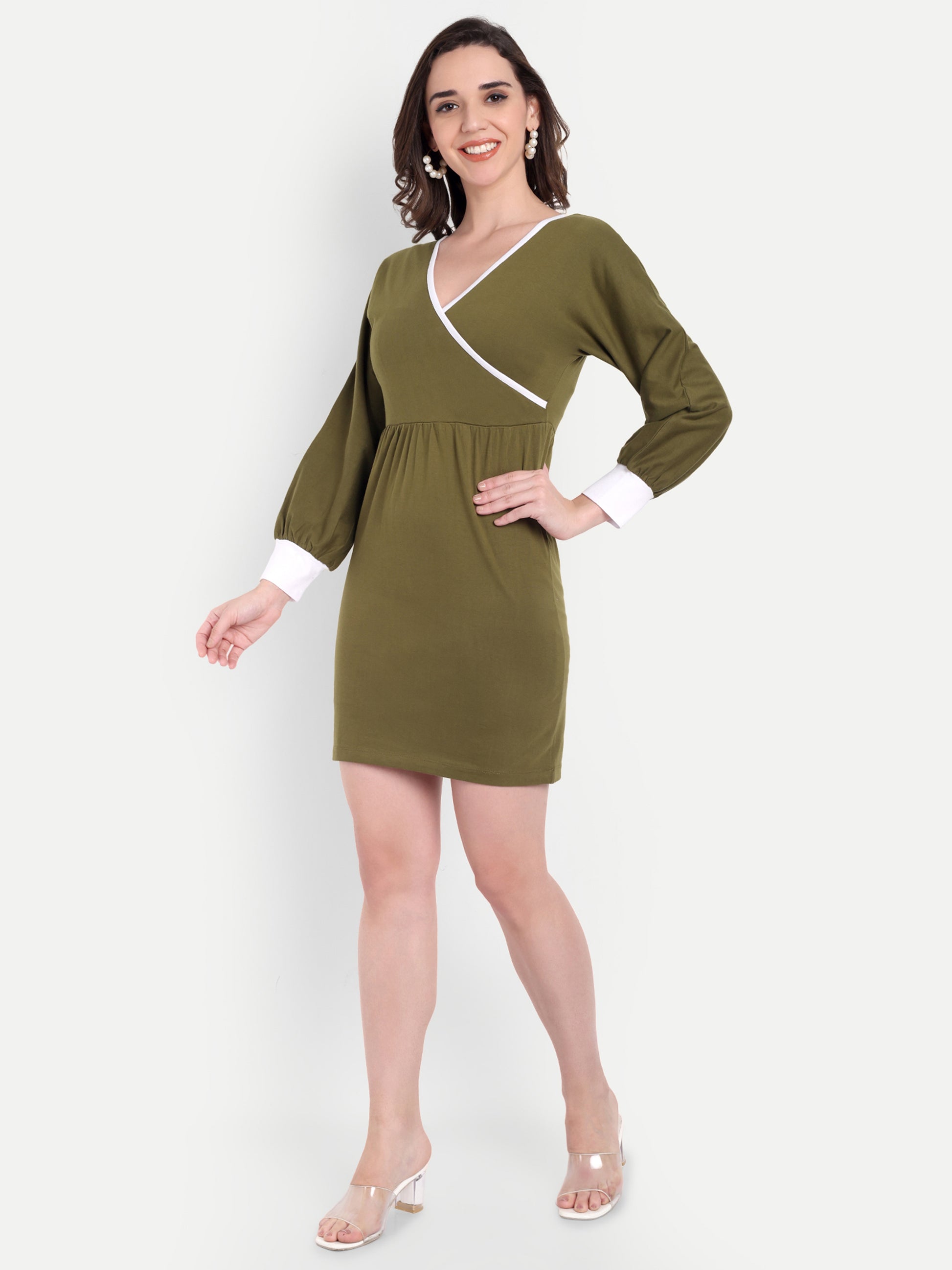 Women's Olive Bodycon Mini Dress | V-Neck | Long Sleeve | Casual & Party Wear