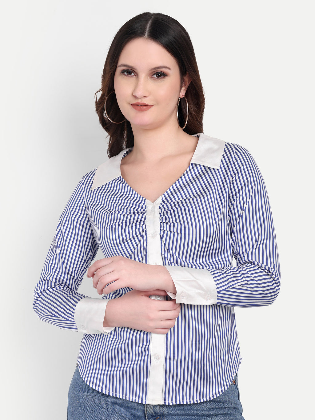 Women's Navy Blue & White Striped Button-Down Shirt – Long Sleeve | Smart Casual & Office Wear