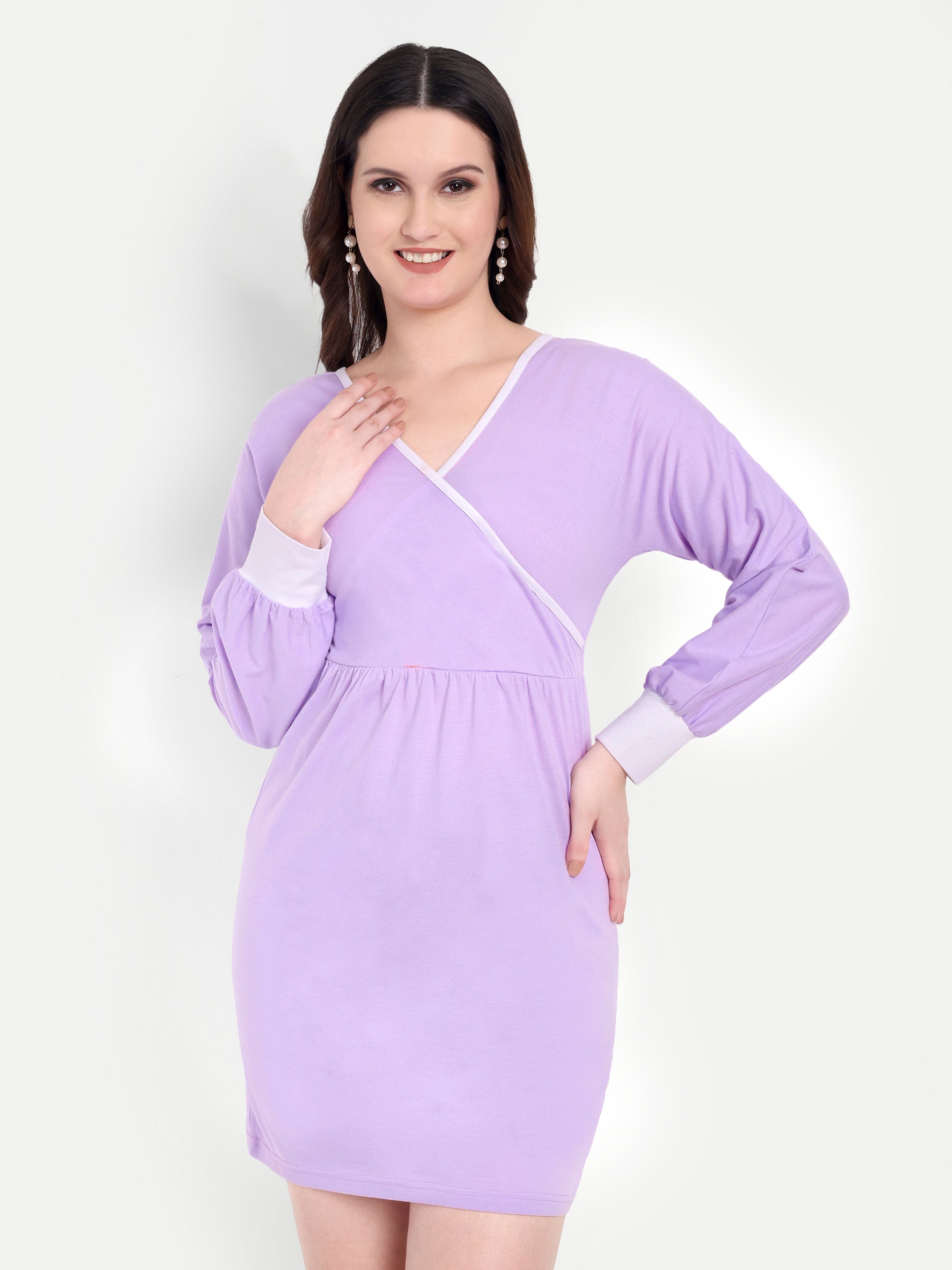 Women's Lilac Bodycon Mini Dress | V-Neck | Long Sleeve | Casual & Party Wear