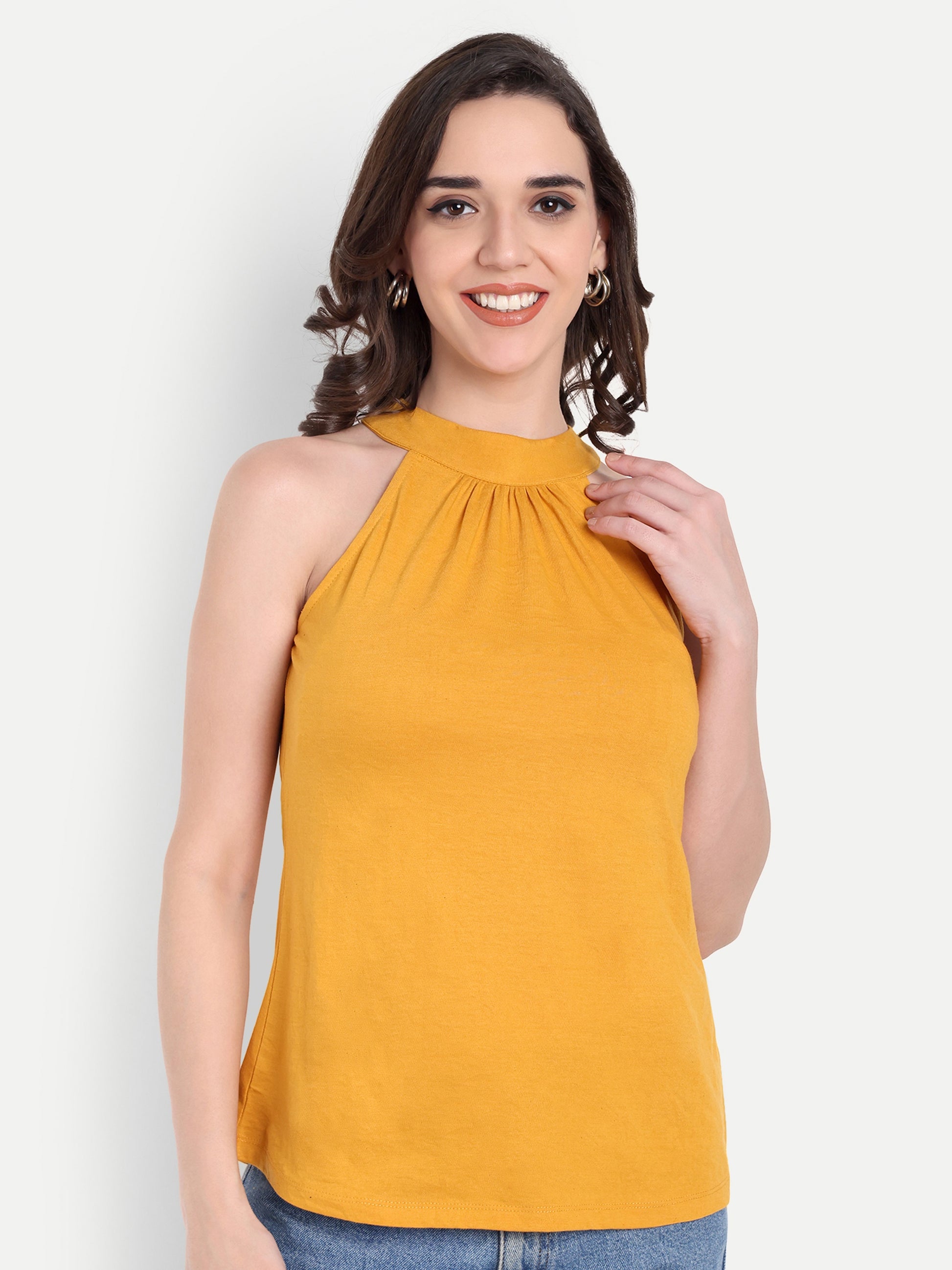 Women's Yellow Halter Neck Sleeveless Top | Casual & Party Wear