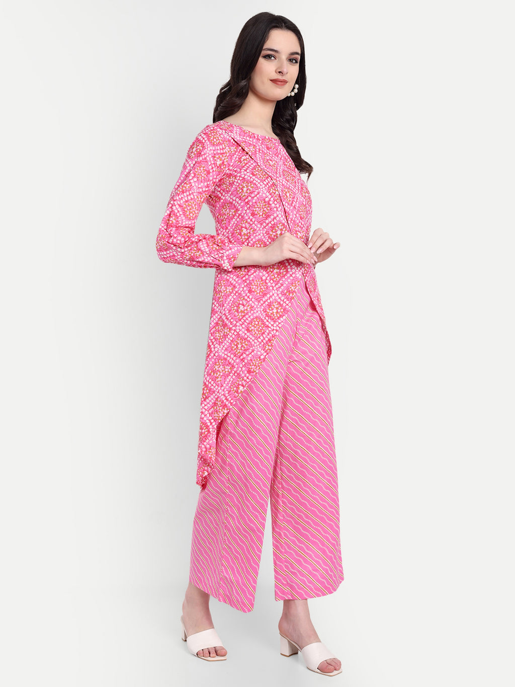 Women's Pink Printed Ethnic Co-ord Set | Asymmetrical Long Kurta with Wide-Leg Pants