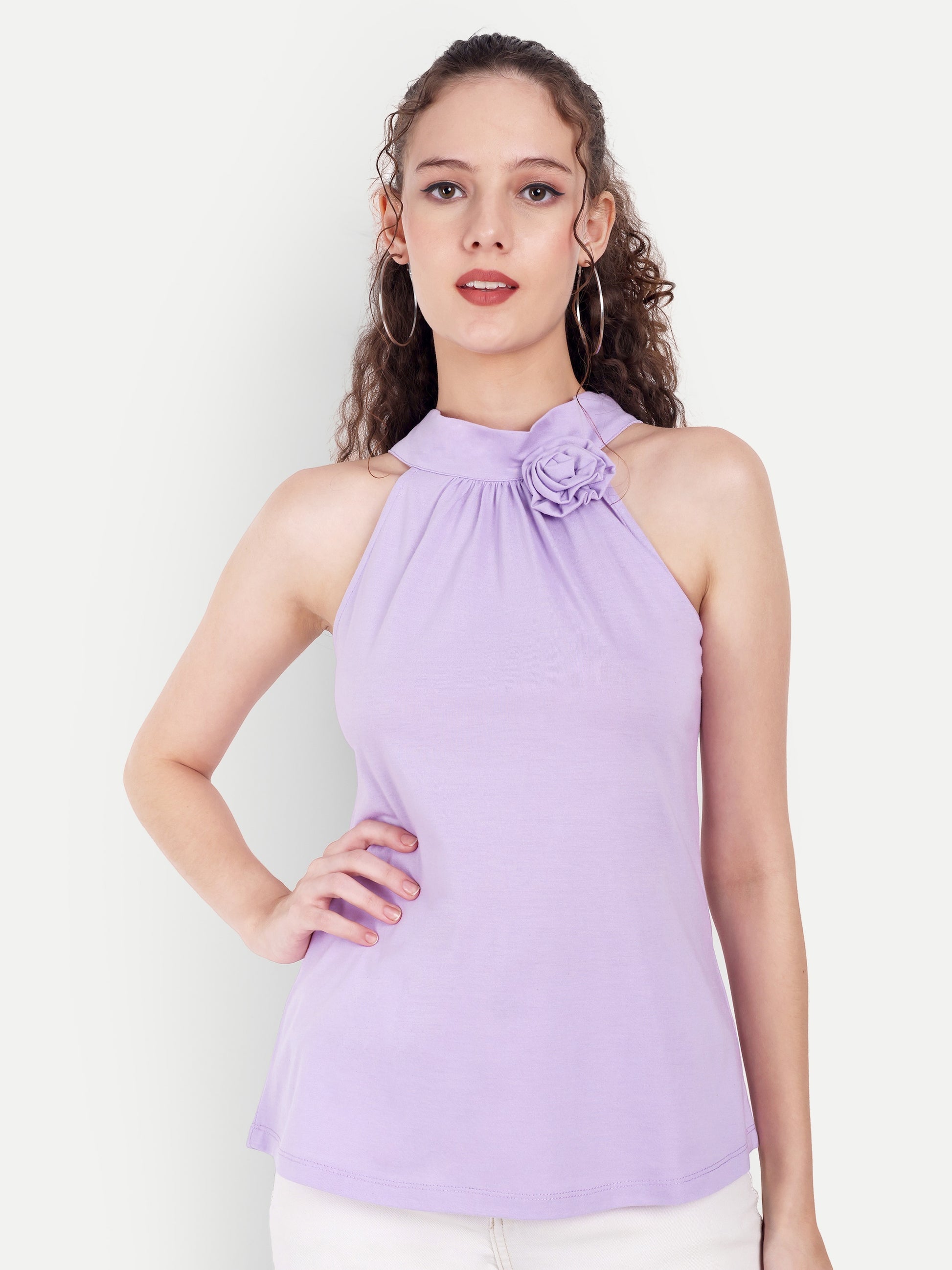 Women's Light violet Halter Floral Note Neck Sleeveless Top | Casual & Party Wear
