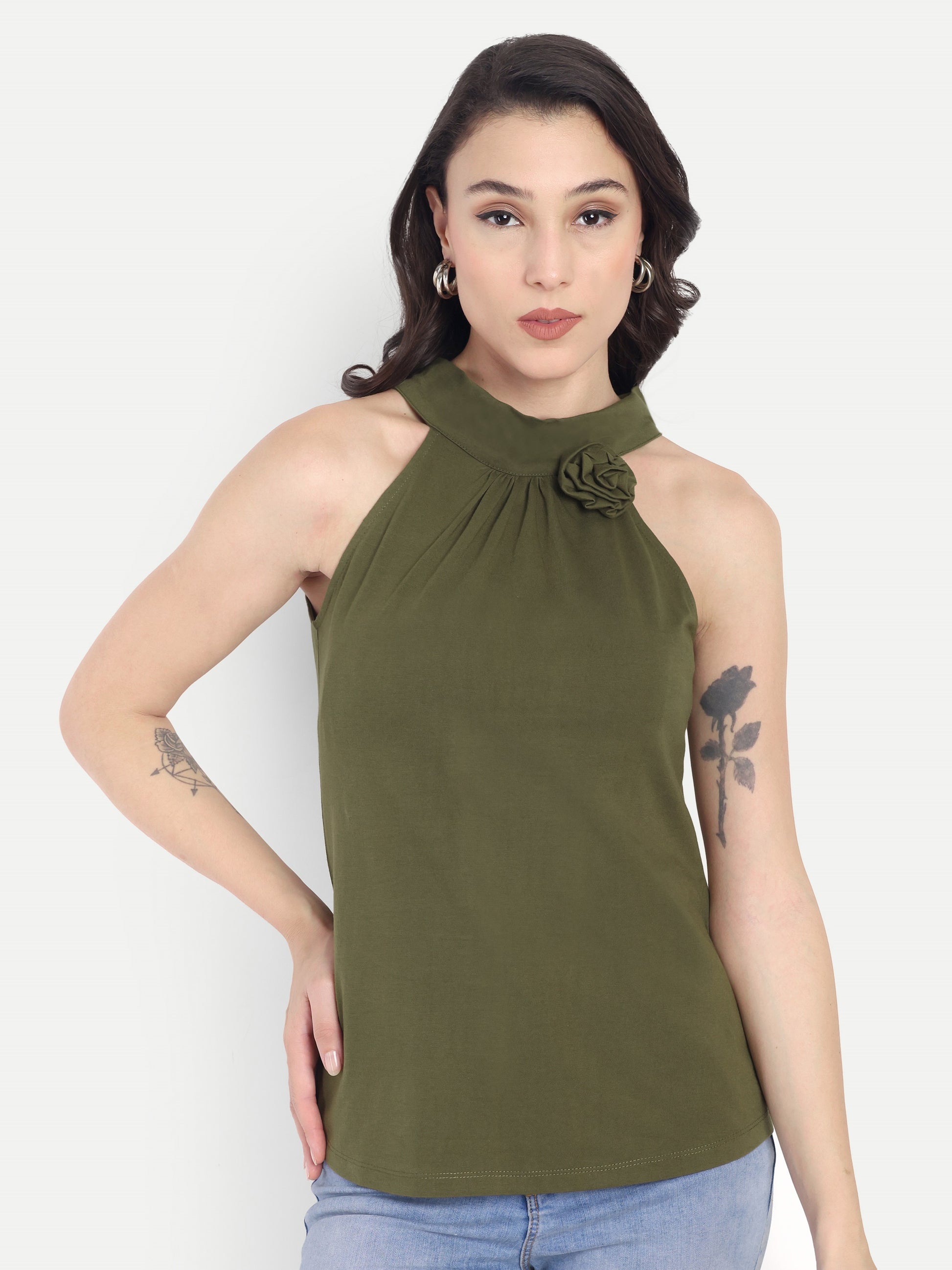 Women's Olive Halter Neck Sleeveless Top | Casual & Party Wear