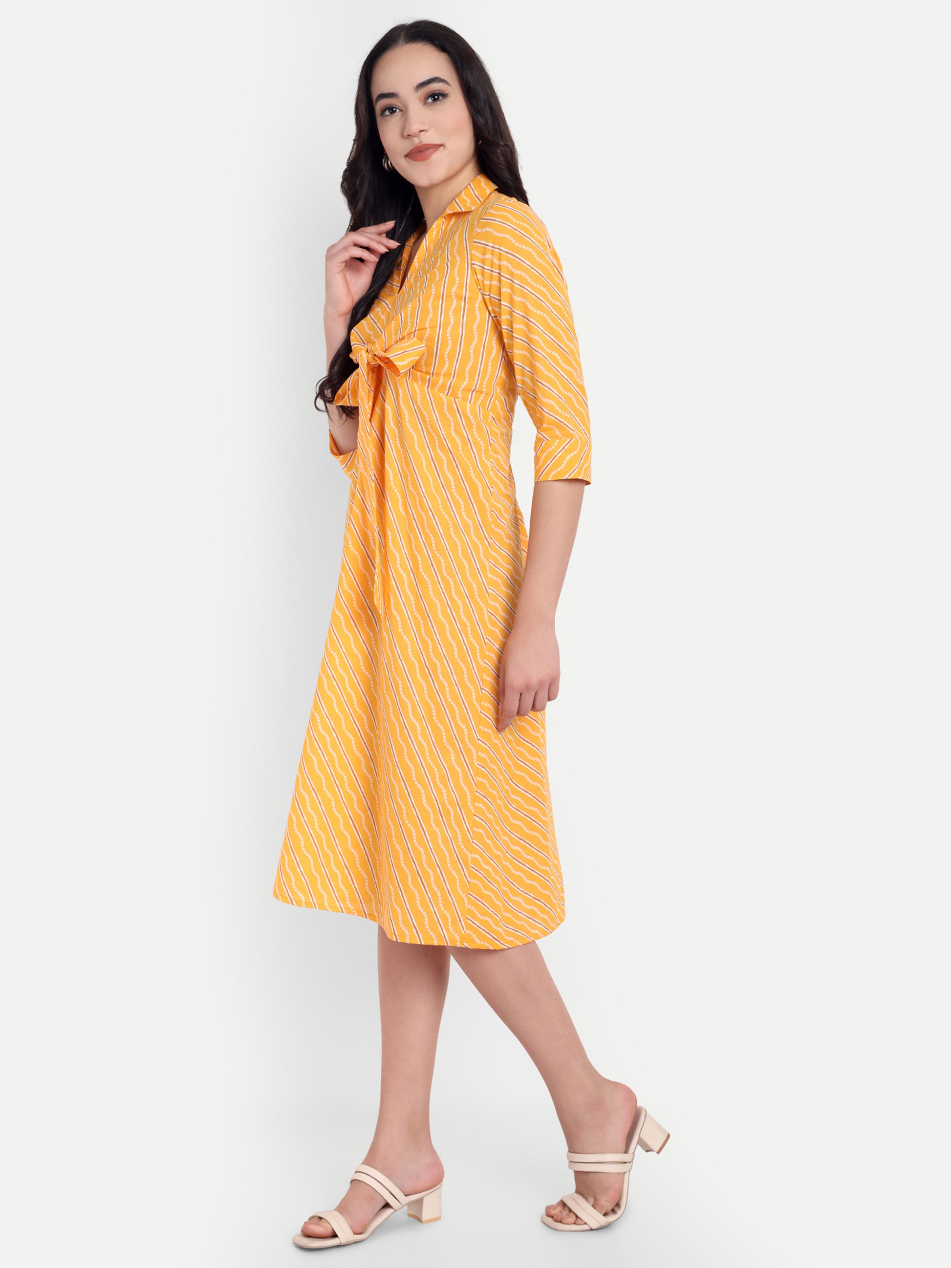 Women's Orange Striped Knee-Length Dress | Front Knot Detail | Casual & Party Wear