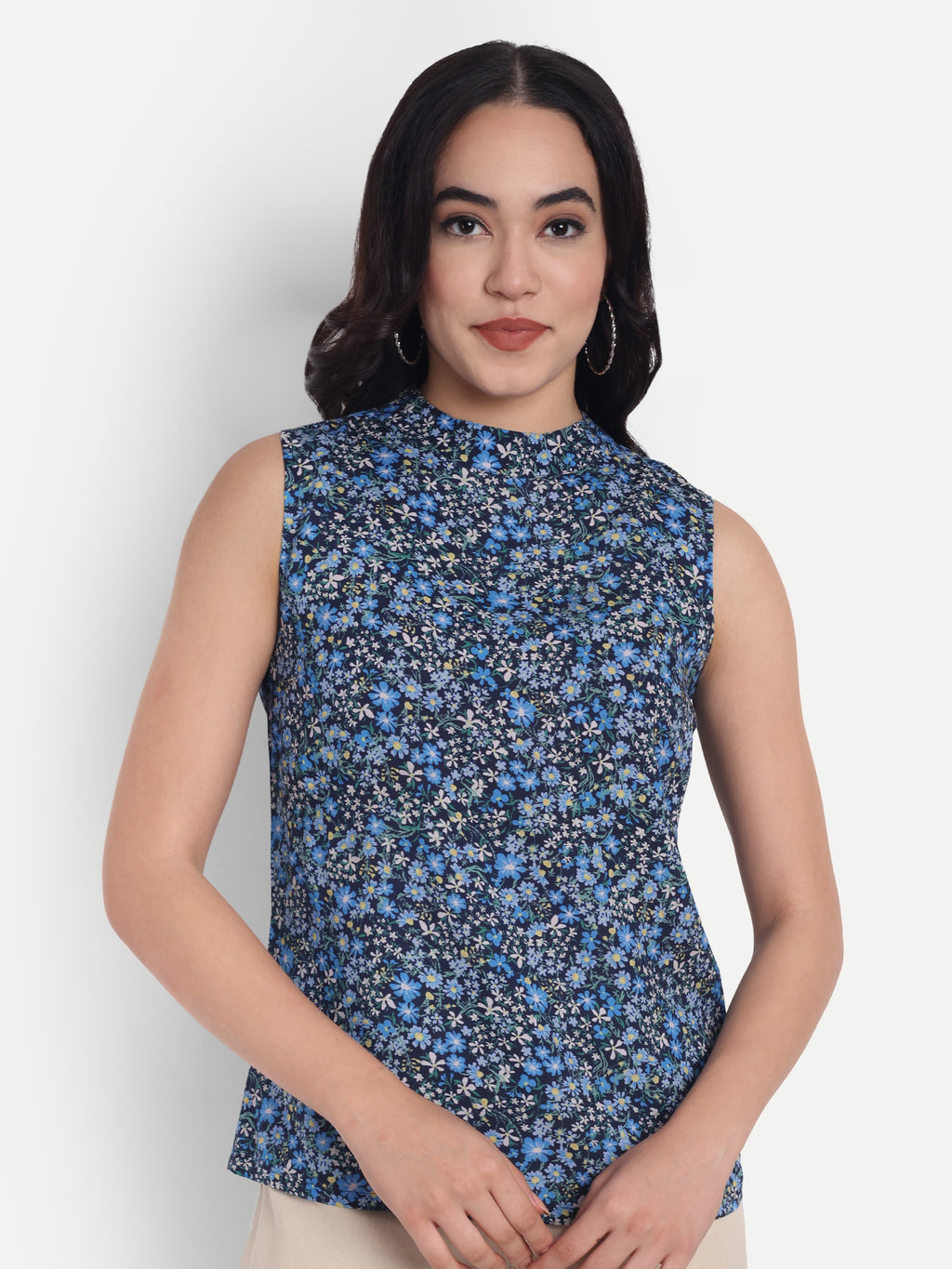 Women's Blue Printed Sleeveless Top | High Neck | Lightweight & Stylish Summer Wear