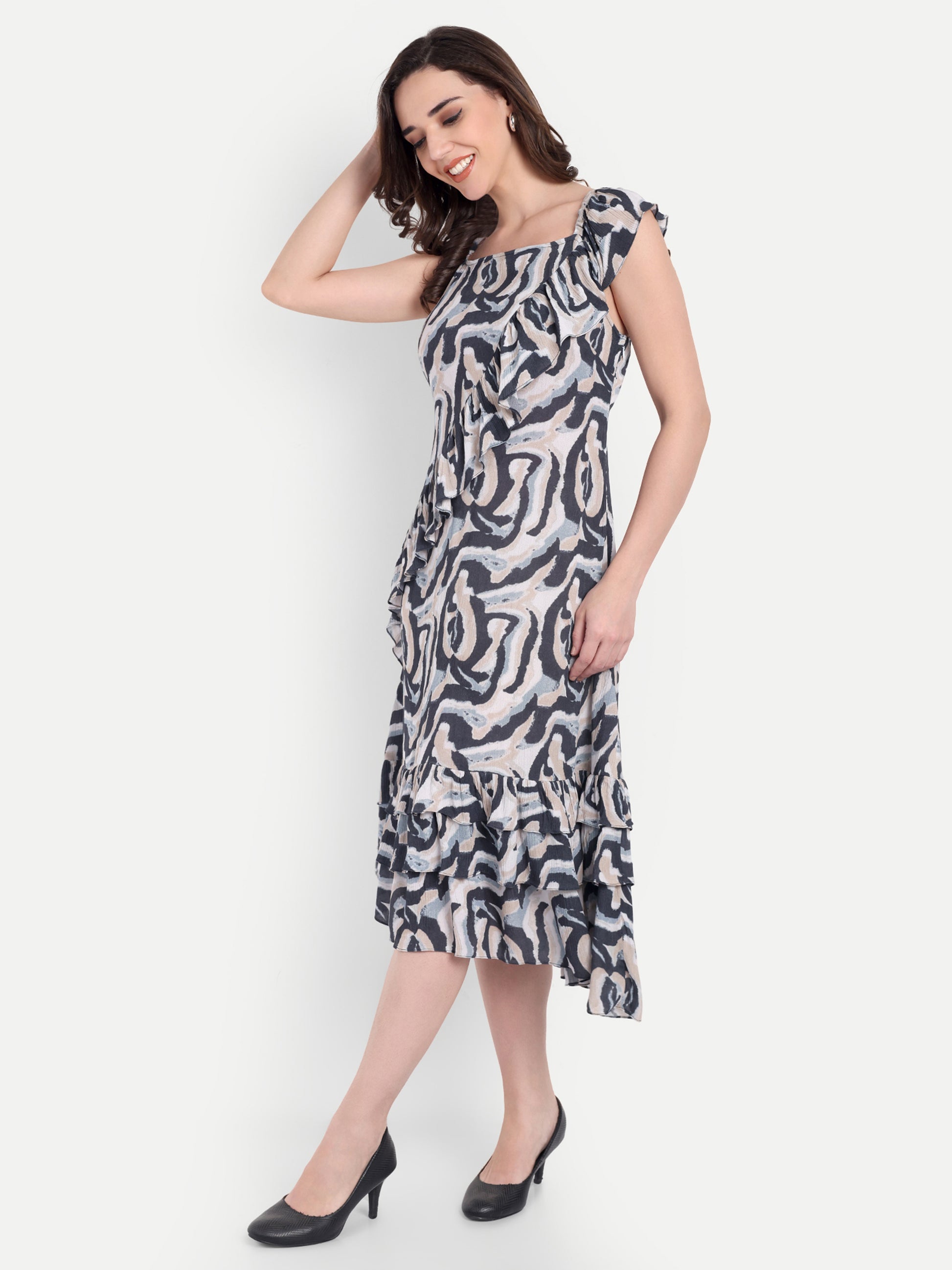 Women's Back And White Printed  Ruffle Dress | Sleeveless | Stylish Summer & Party Wear (Copy)