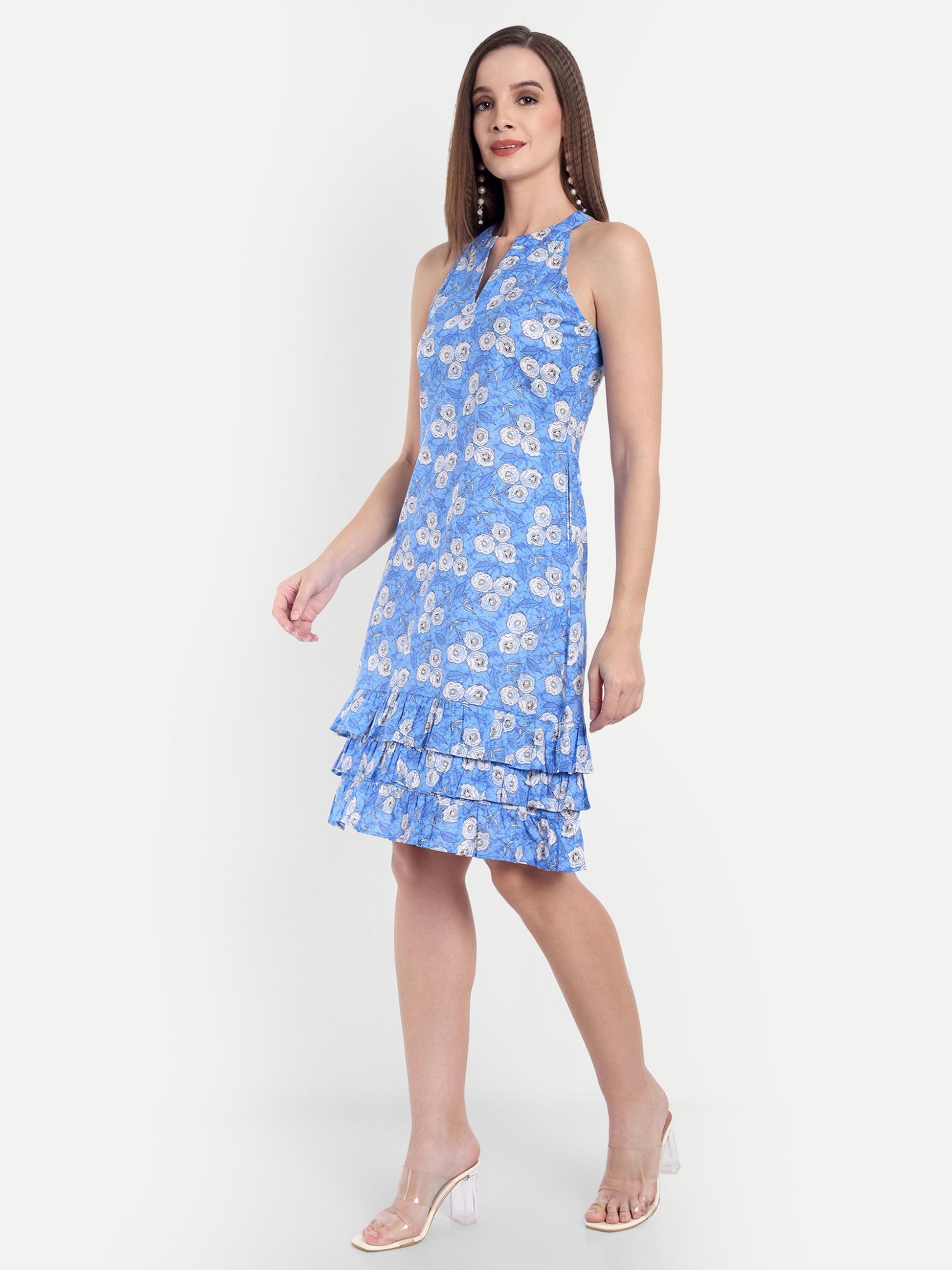 Women's Blue Floral Sleeveless Halter Neck Dress | Tiered Hem | Summer Casual & Party Wear